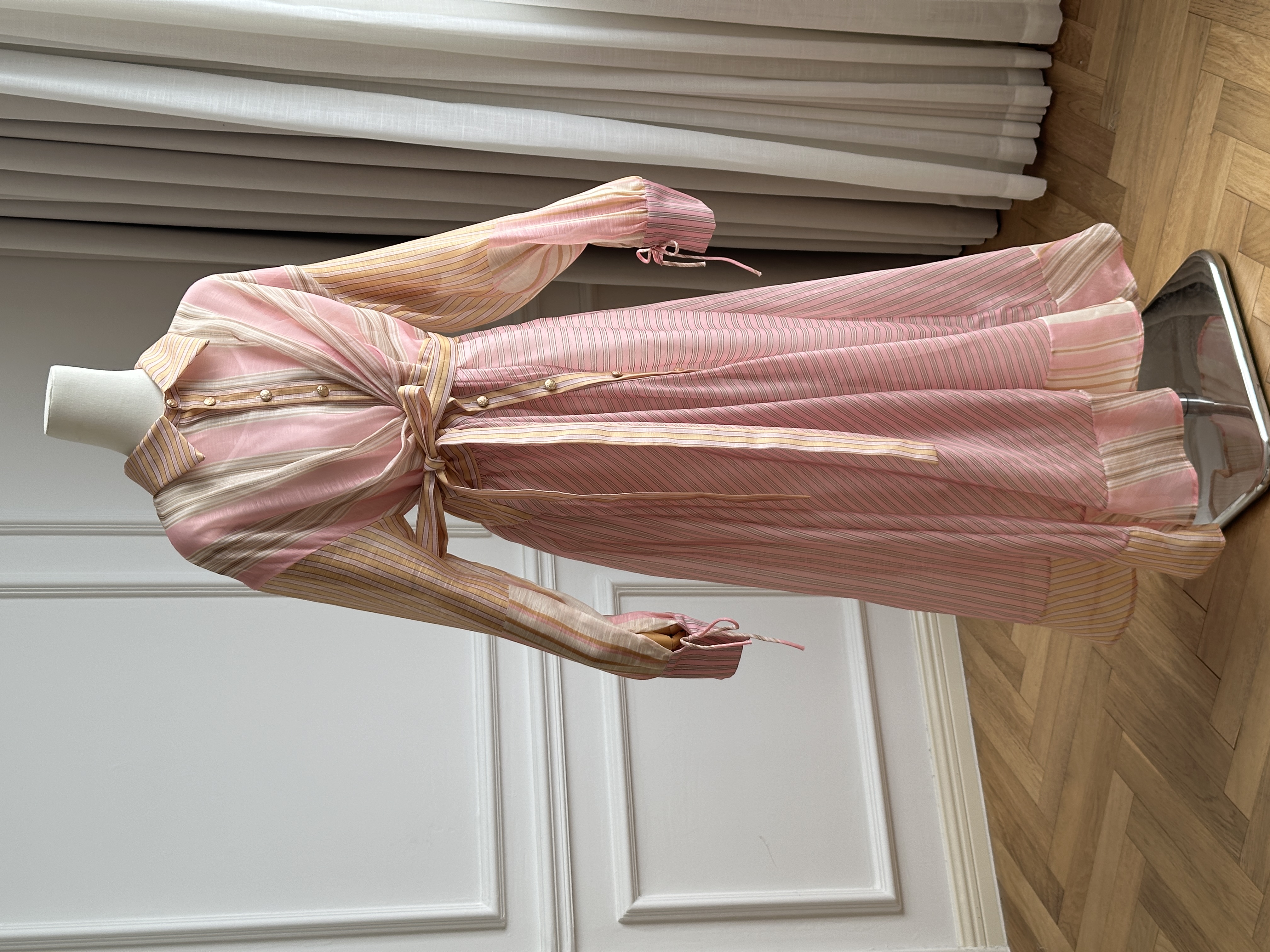 Pink Tone Striped Lapel Cross Wrap Tie-Waist Shirt Maxi Dress