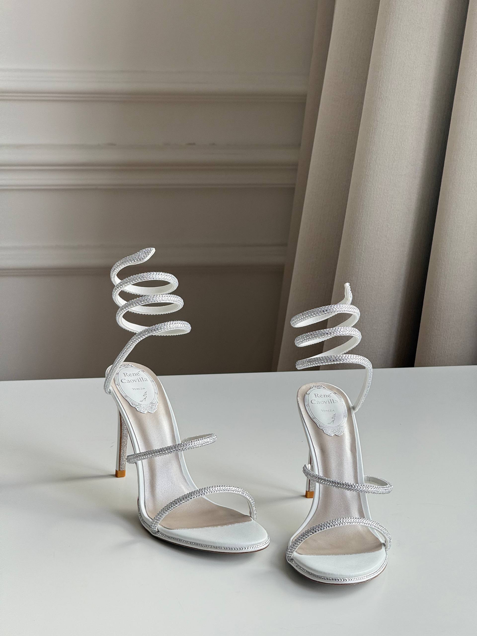 René Caovilla Cleo Crystal-Embellished White Satin Sandals