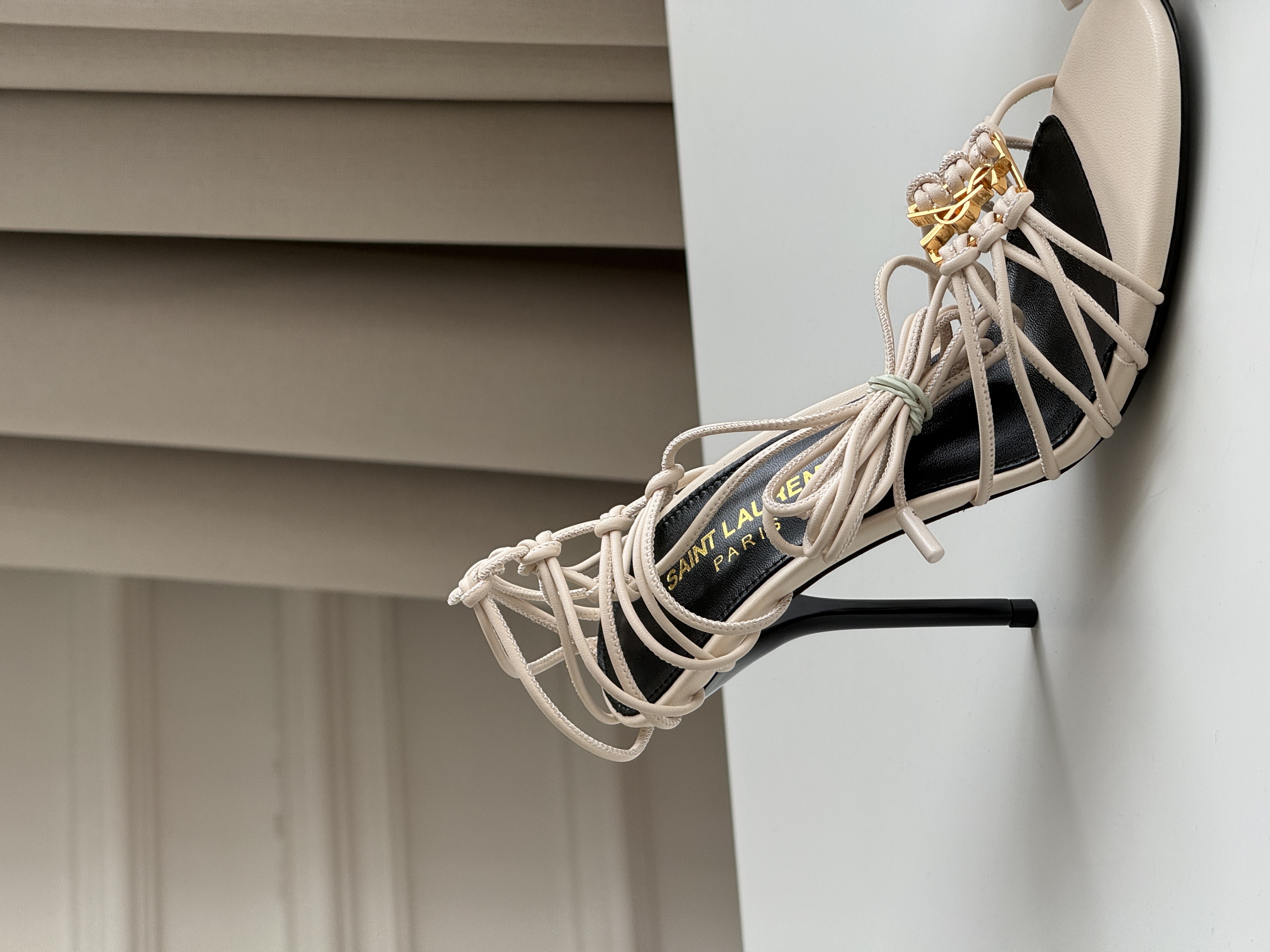 Saint Laurent Off-White Knotted Strappy Stiletto Heel Sandals with YSL Logo