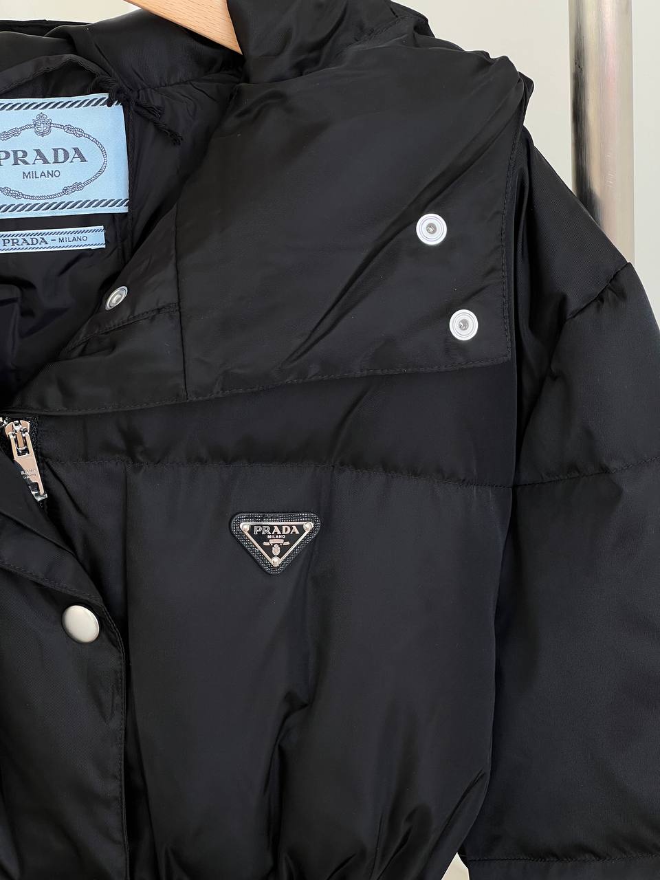 Prada Black Nylon Hooded Waist-cinched Down Coat With Matching Belt Bag