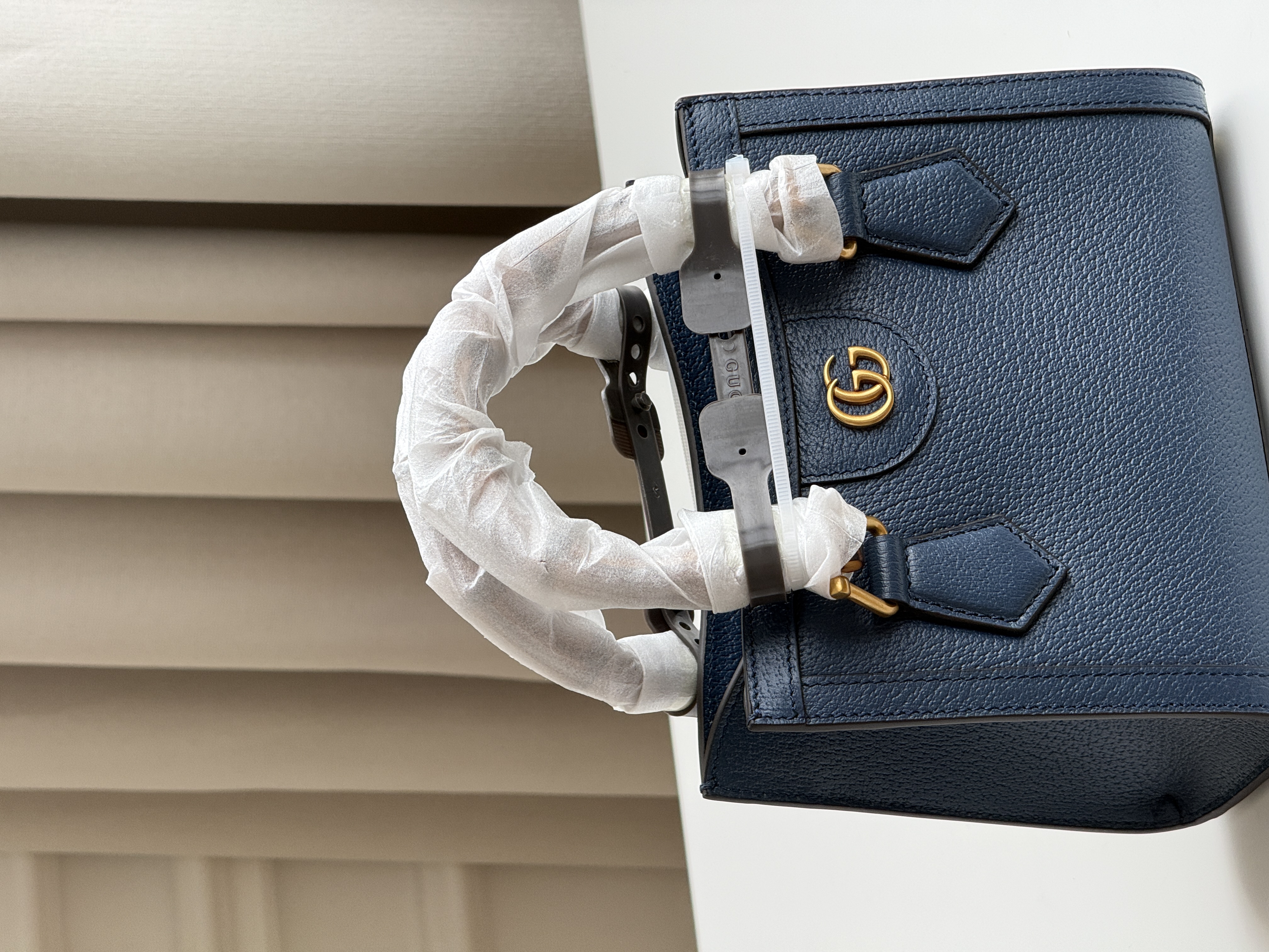 Gucci Dark Blue Pebbled Leather Double G Logo Tote Handbag