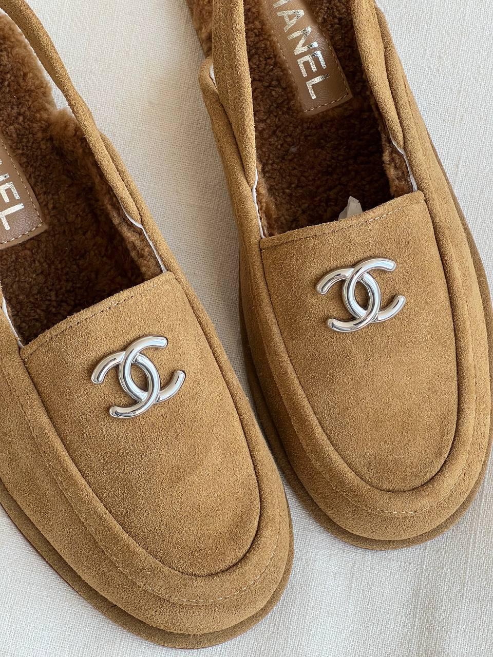 CHANEL Shearling Lined Suede Slingback Loafer Mules
