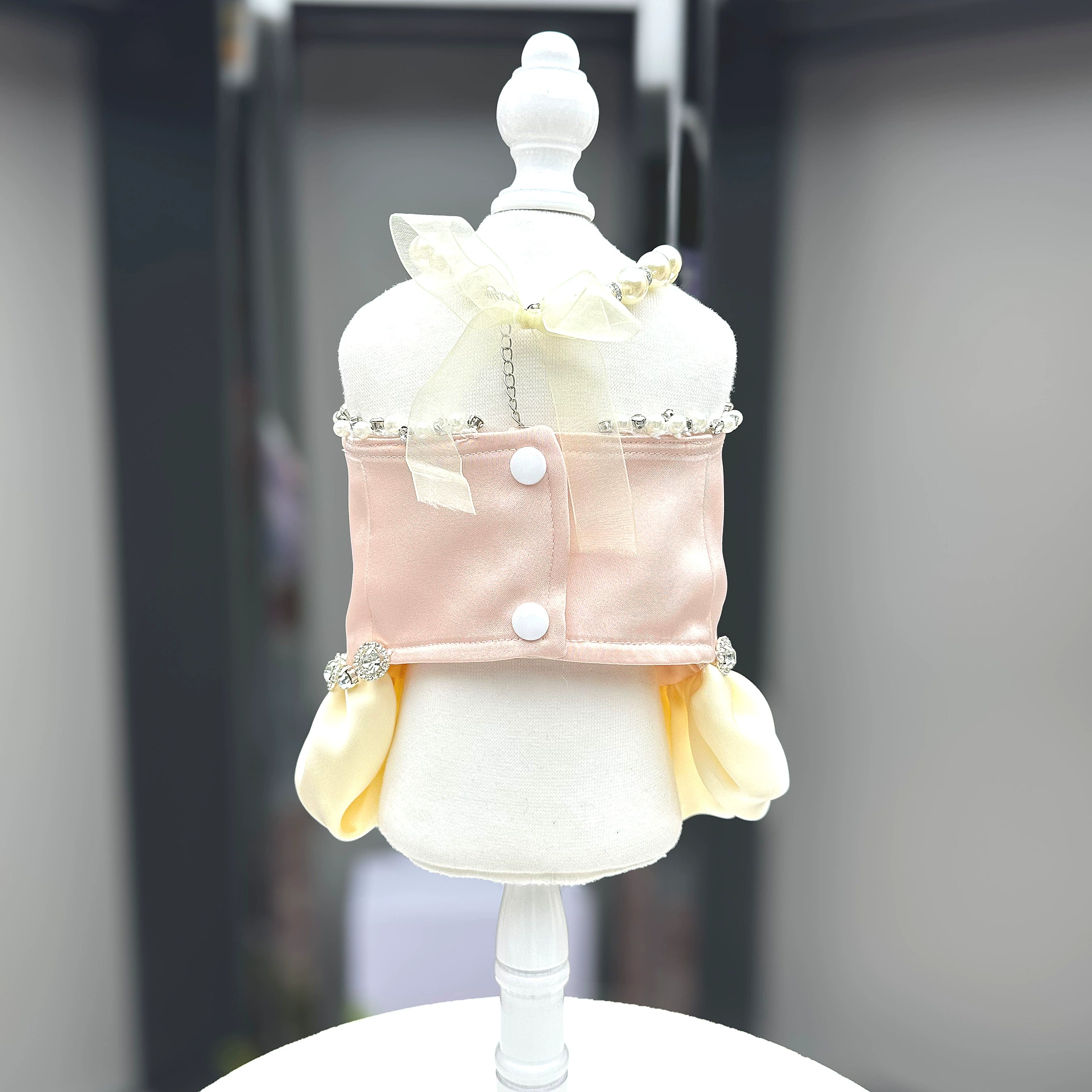 Pink&Yellow Pearl Rhinestone Satin Bubble Hem Dress Elegant Outfit for Small Dogs Cats - MAISONKAIRON