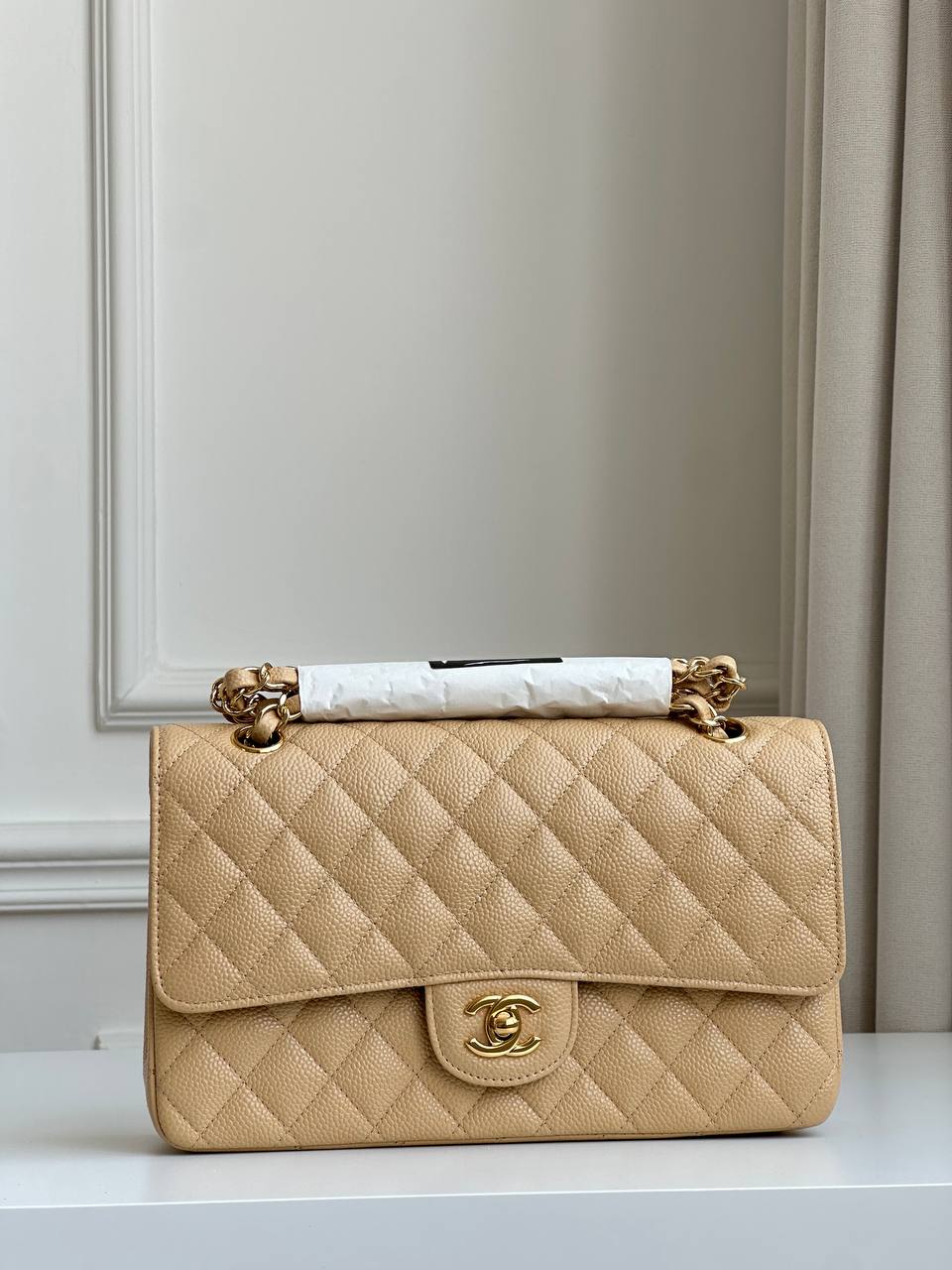 Chanel Beige Caviar Leather Classic Flap Bag With Vintage Gold Hardware