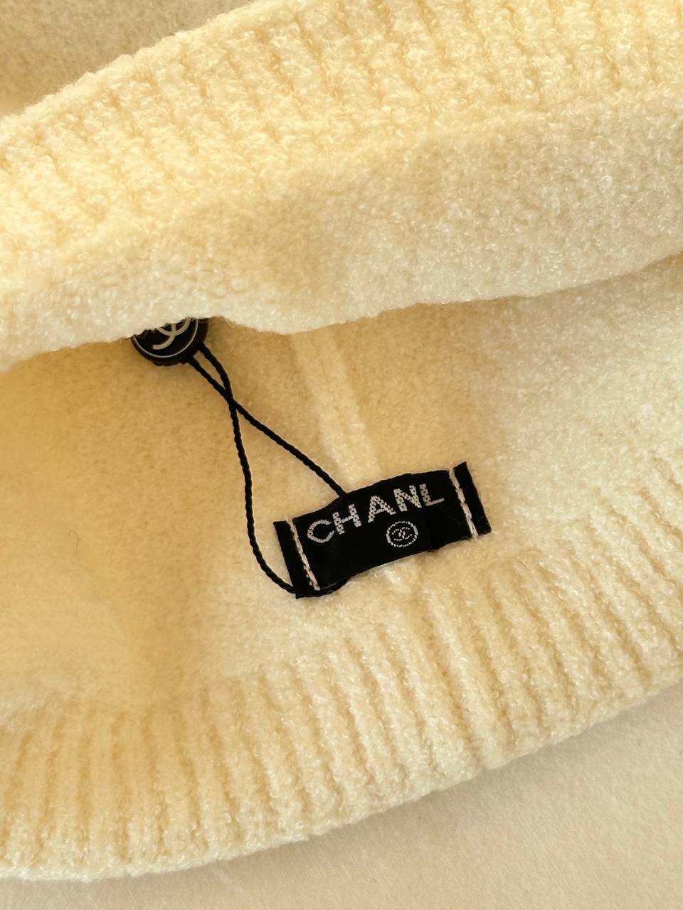 Chanel Cream Knit Tweed CC Logo Cuffed Beanie