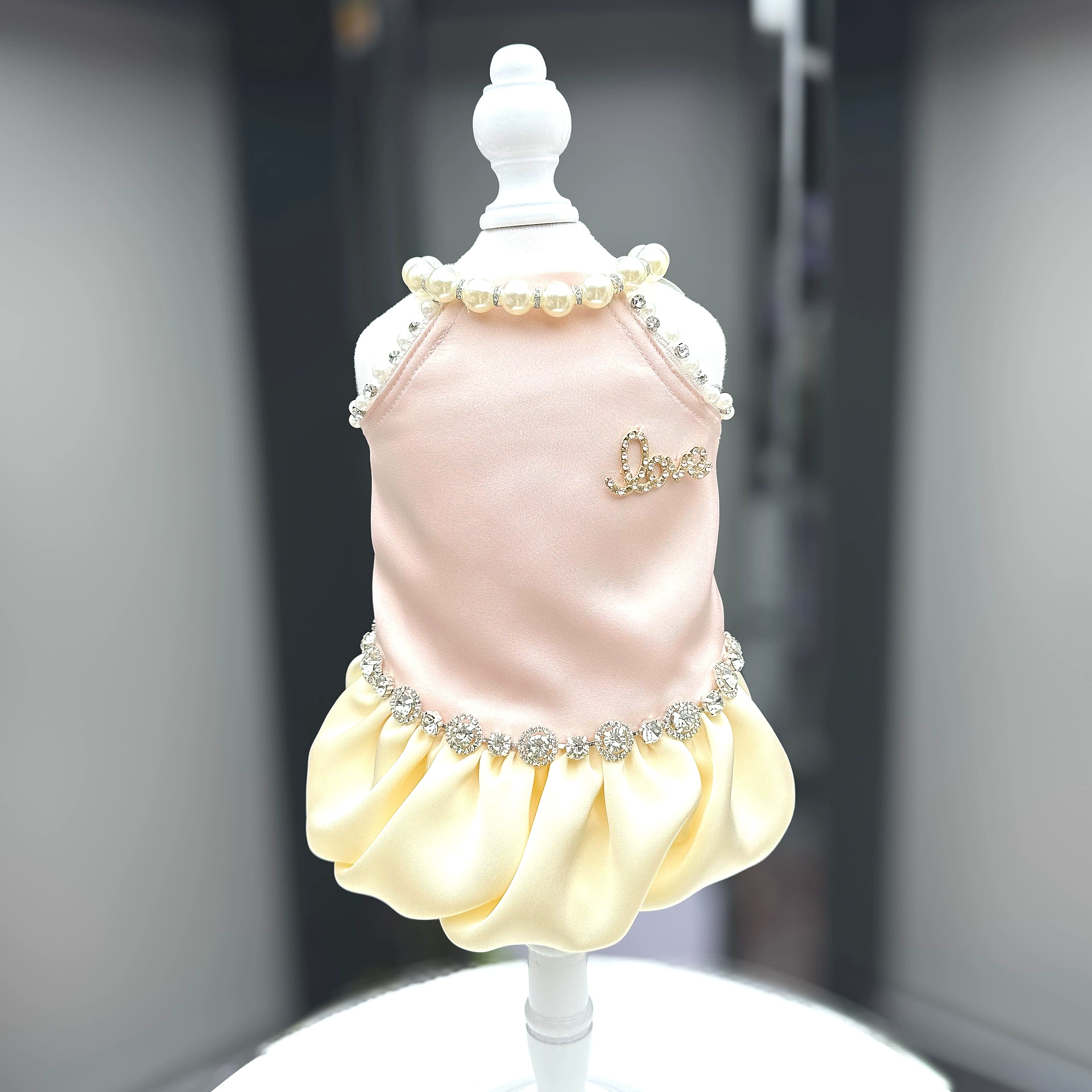 Pink&Yellow Pearl Rhinestone Satin Bubble Hem Dress Elegant Outfit for Small Dogs Cats - MAISONKAIRON