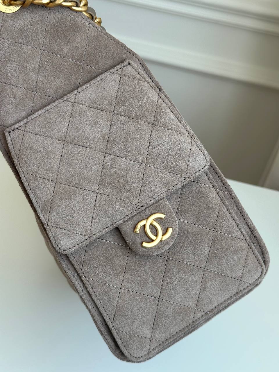 Chanel Taupe Suede Quilted Drawstring Chain Handle Tote Bag