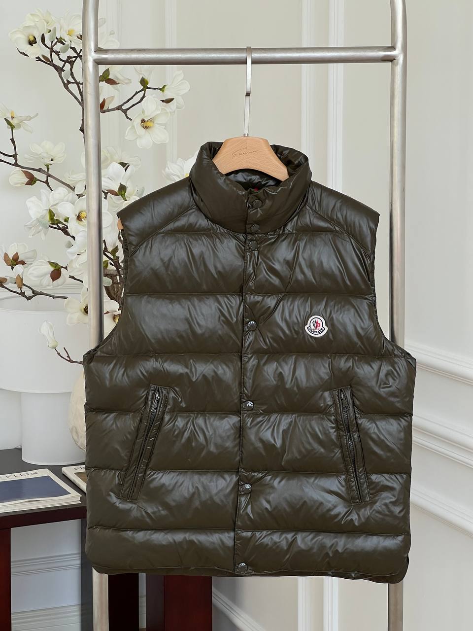 Moncler Olive Shiny Nylon Stand Collar Light Down Gilet Vest