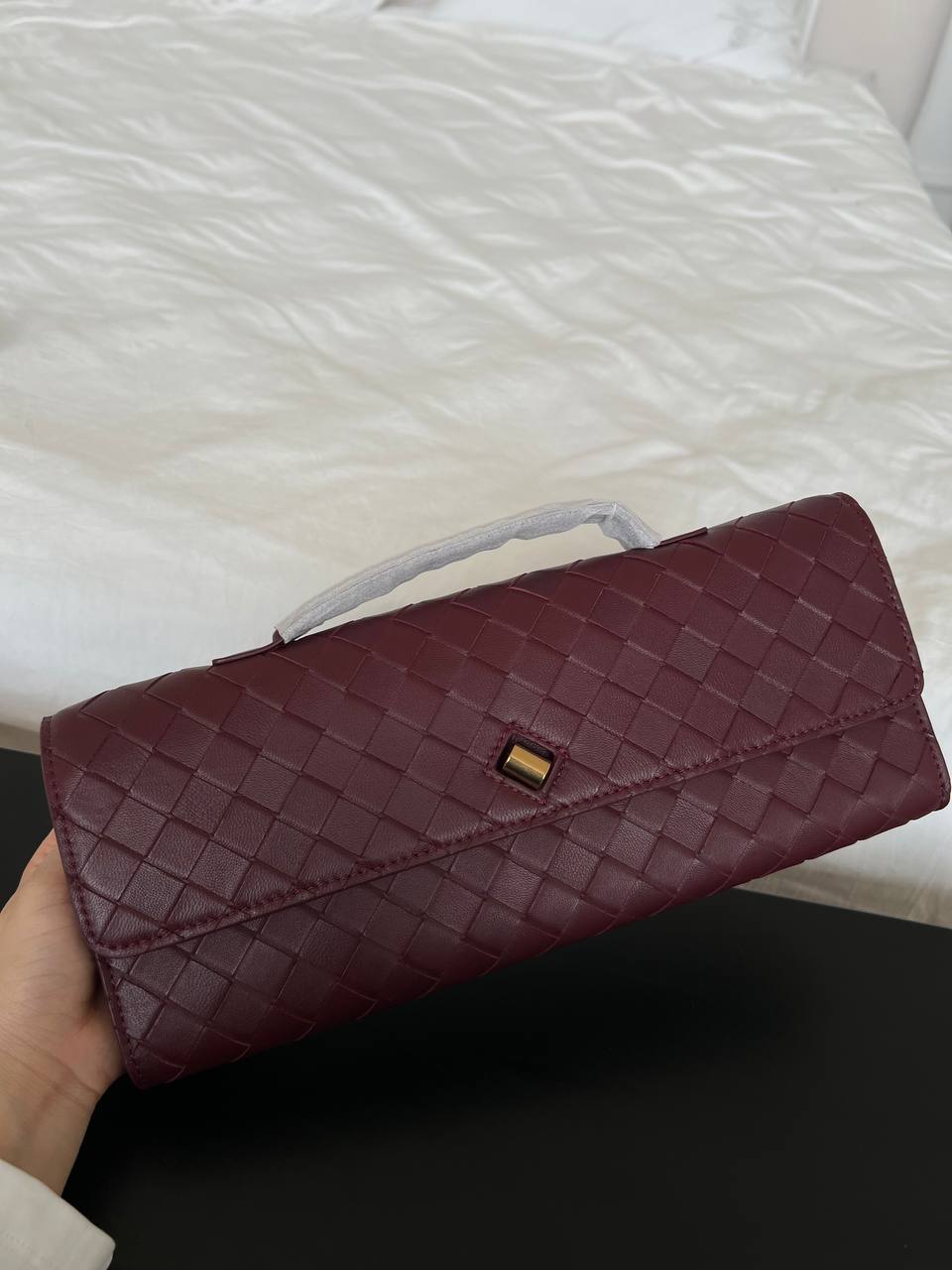 Bottega Veneta Burgundy Intrecciato Woven Lambskin Flap Long Clutch Handbag