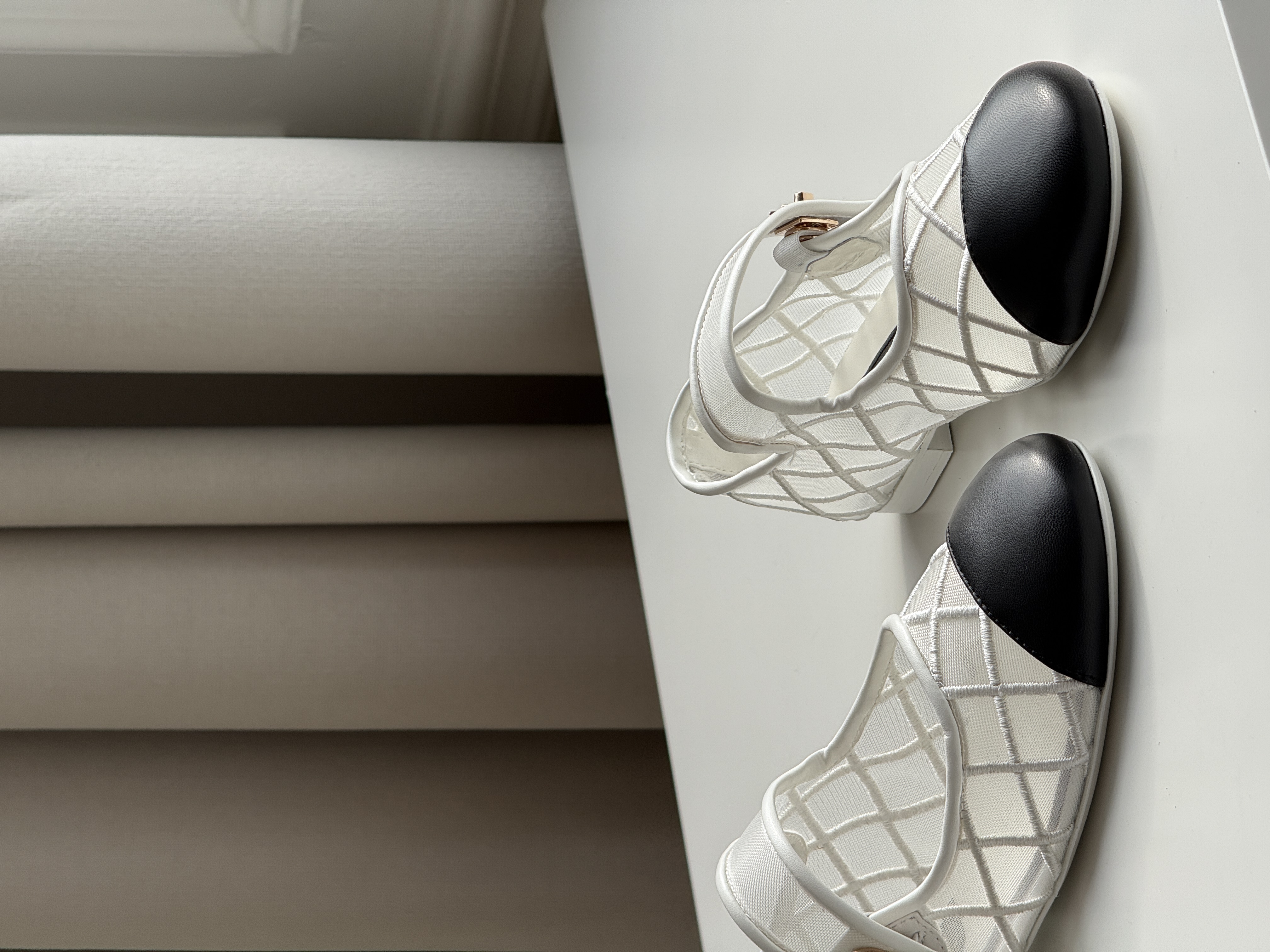Chanel White Mesh & Black Leather Mary Jane Flat Shoes