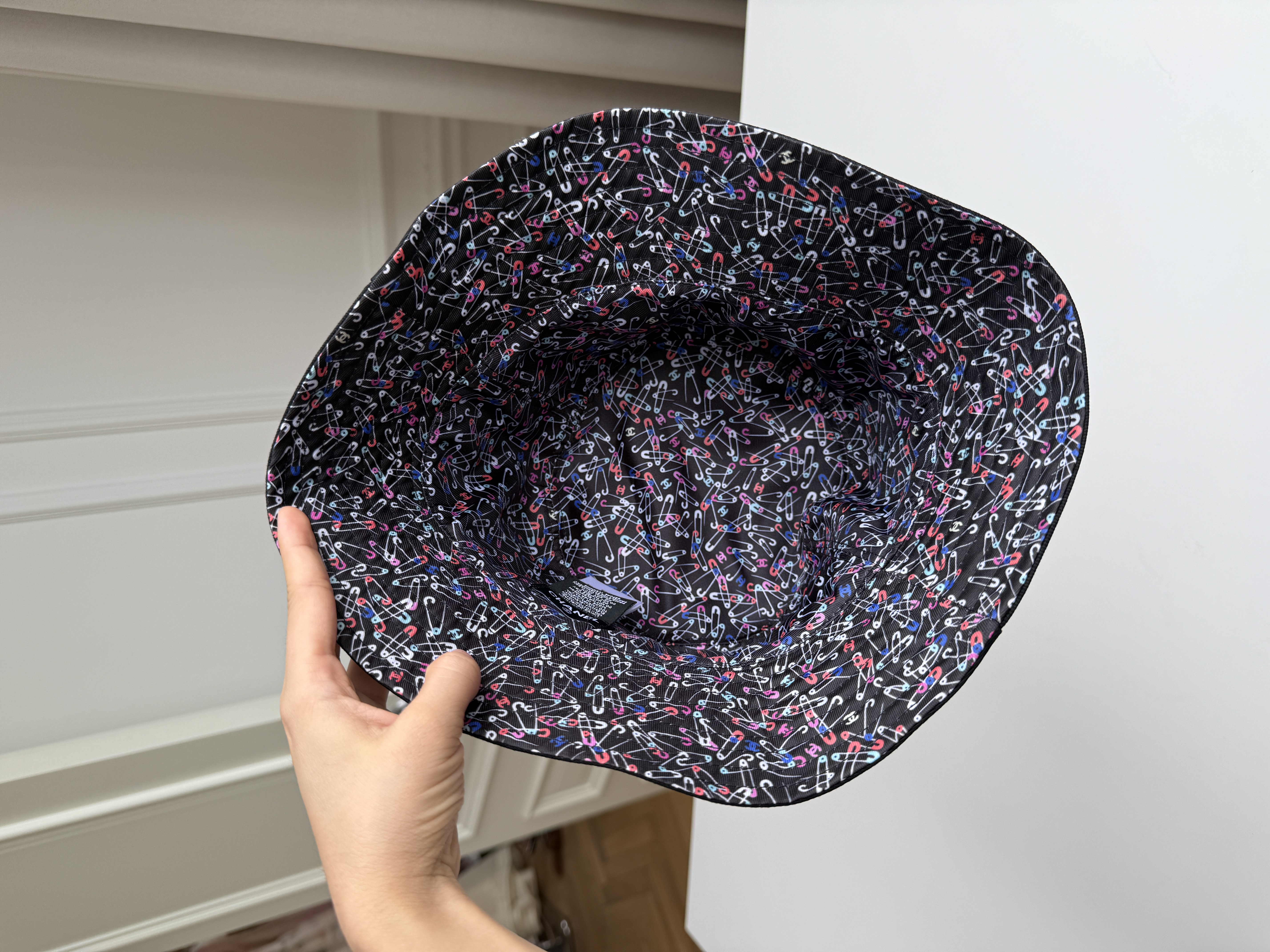 Chanel Black Twill Fabric Bucket Hat With White Interlocking CC Embroidery