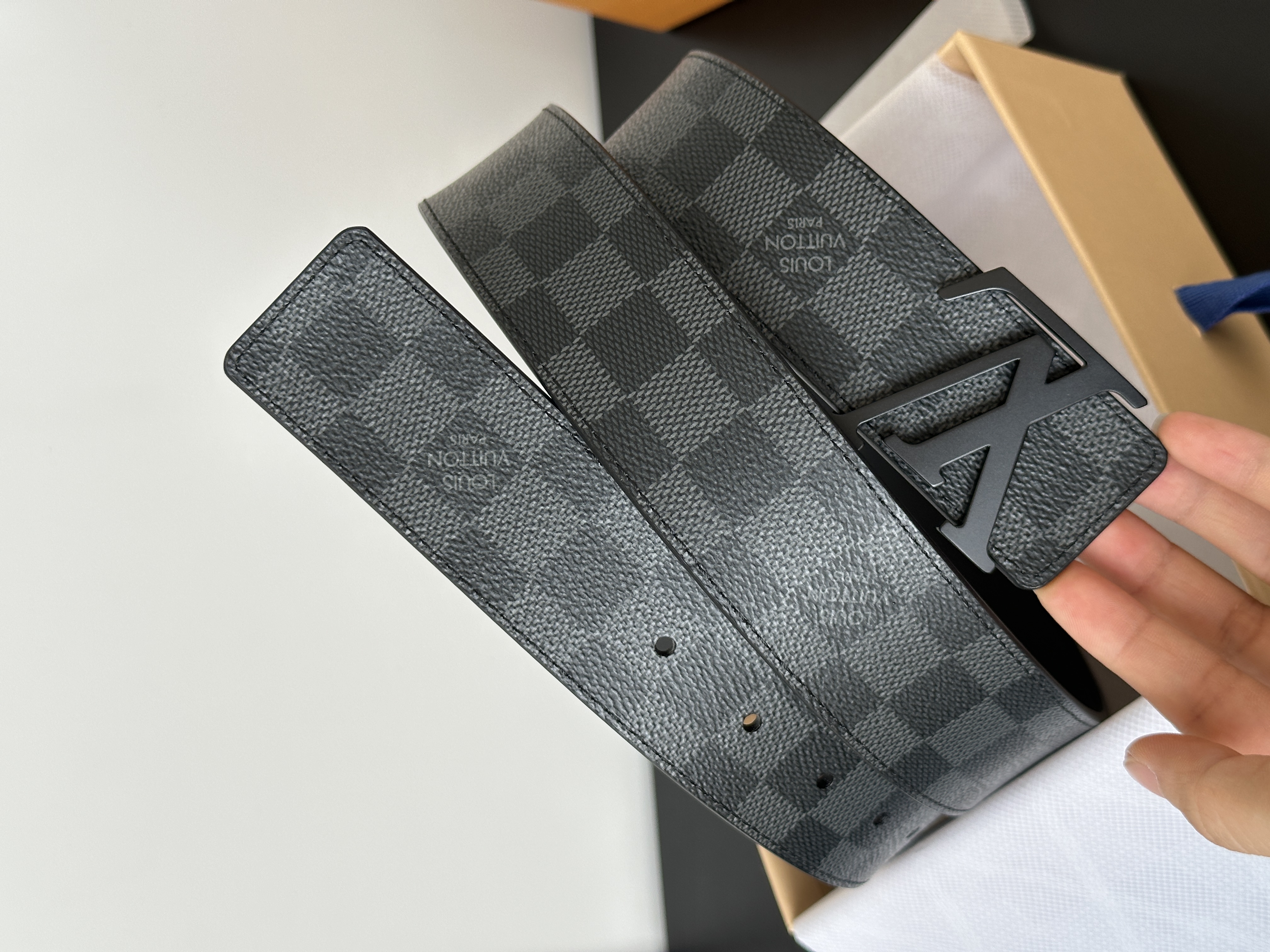 Louis Vuitton Black Damier Graphite Check Matte LV Metal Buckle Reversible Wide Belt