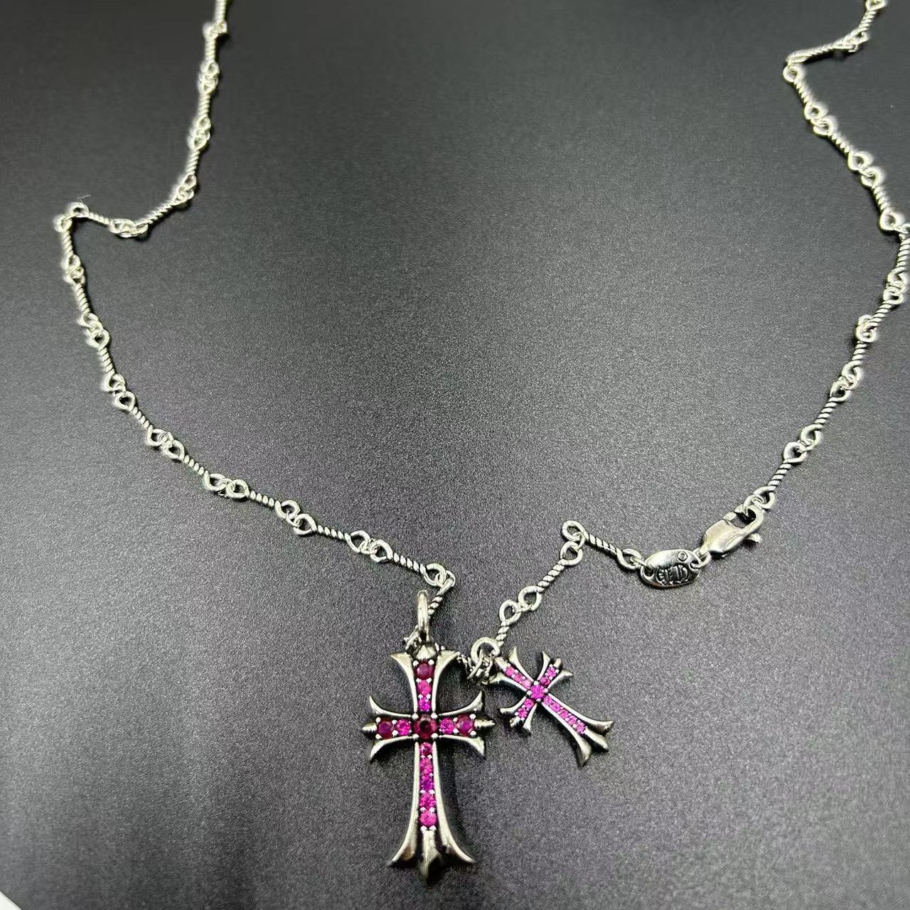 CHROME HEARTS PINK DIAMOND DOUBLE CROSS LAYERED NECKLACE