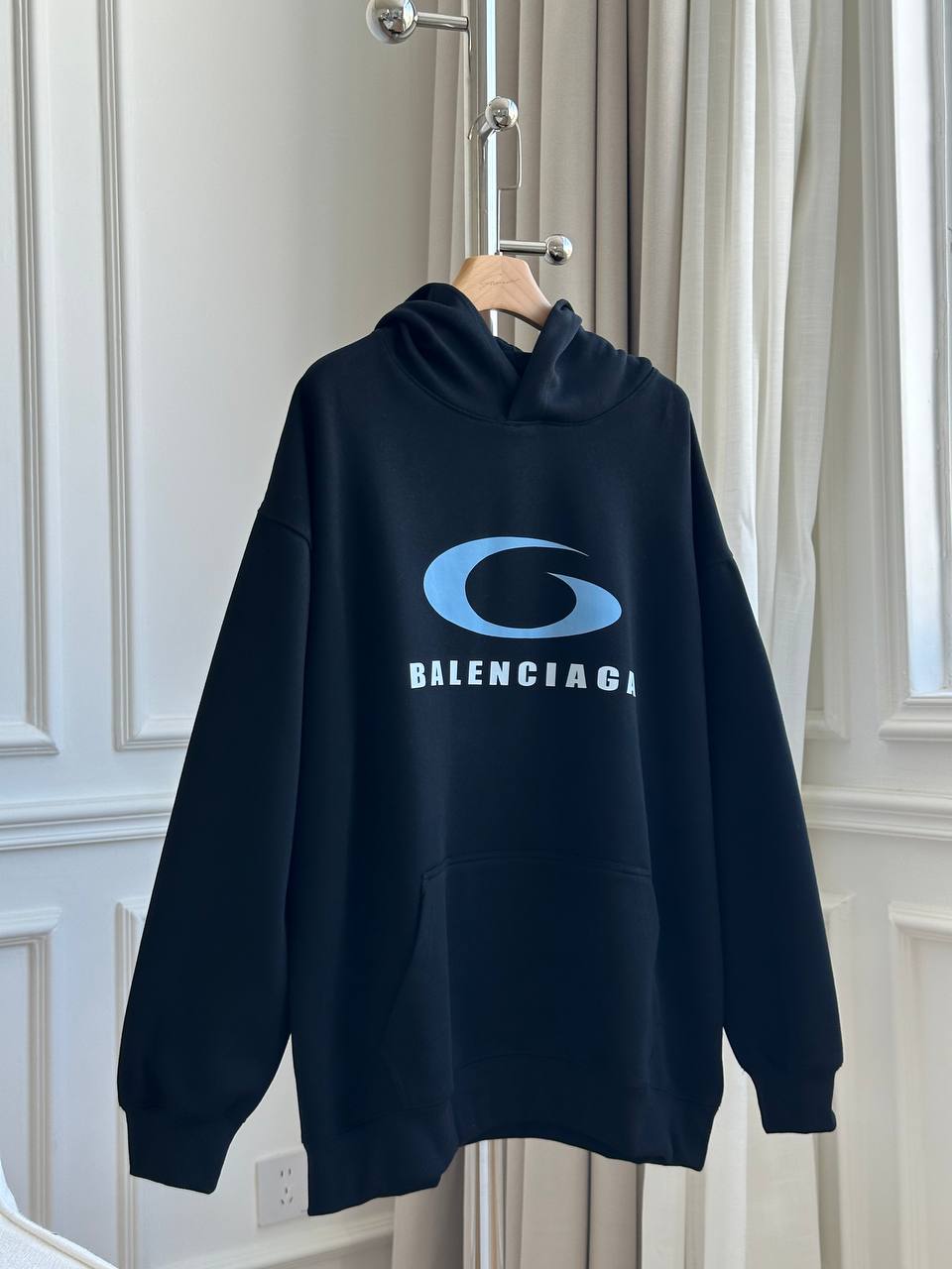 Balenciaga Black Hoodie With Light Blue Swirl Ring BALENCIAGA Logo Oversized Sweatshirt