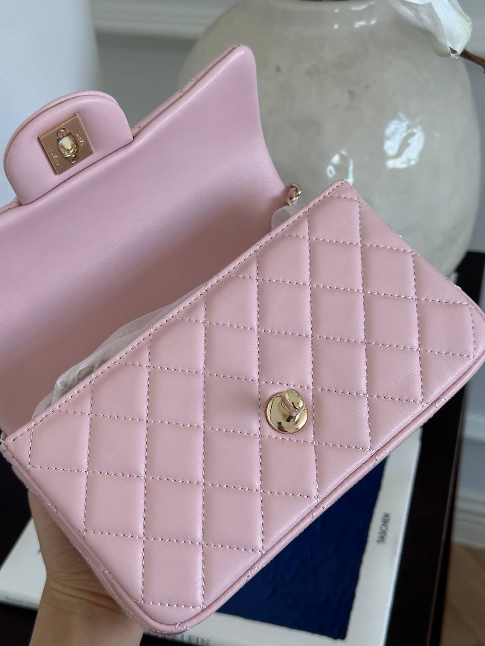 Chanel Sakura Pink Lambskin Quilted Top Handle Mini Classic Flap Bag