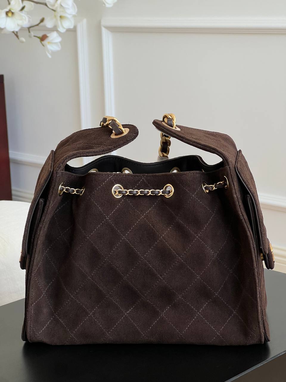 Chanel Dark Brown Suede Diamond-quilted CC Drawstring Tote Chain Bag
