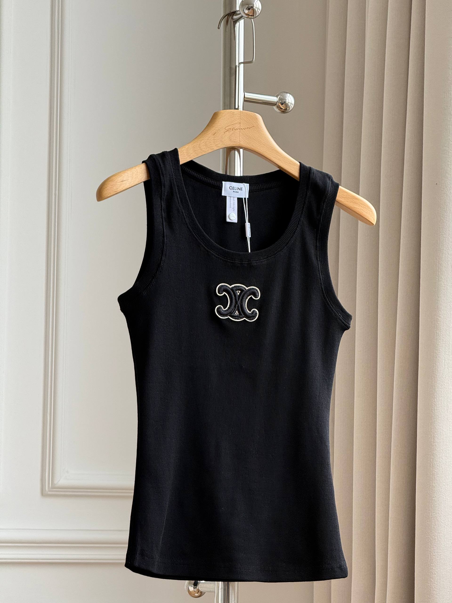 CELINE Triomphe Embroidered Ribbed Tank Top
