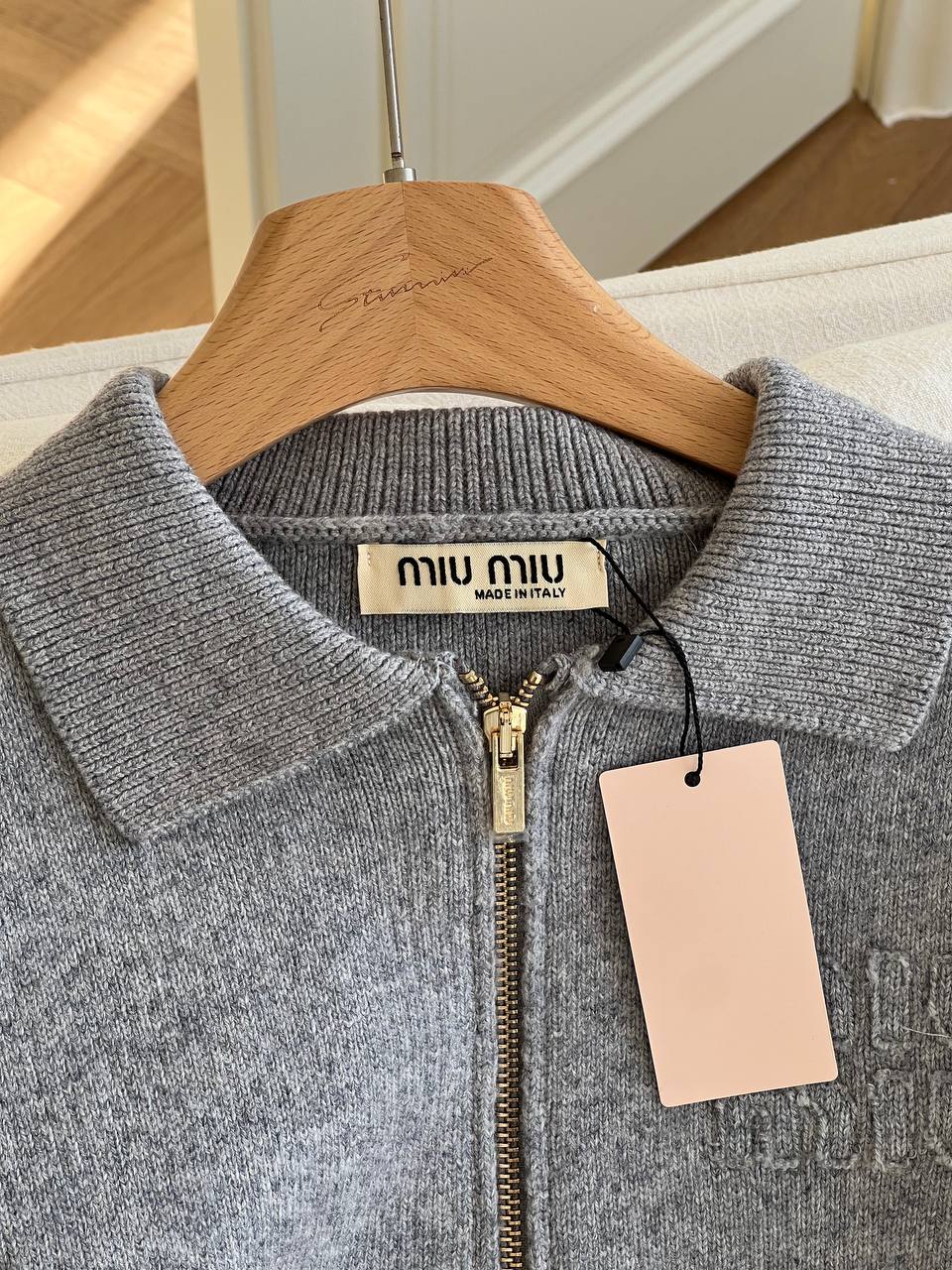 Miu Miu Grey Wool Polo Collar Zip Knit Cardigan Jacket