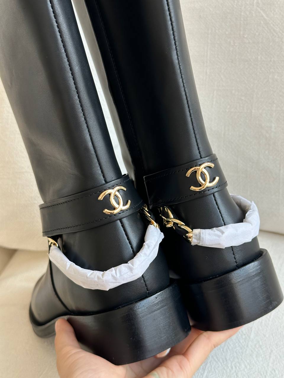 Black Smooth Leather Metal Buckle Side Zip Low Heel Knee-High Riding Boots