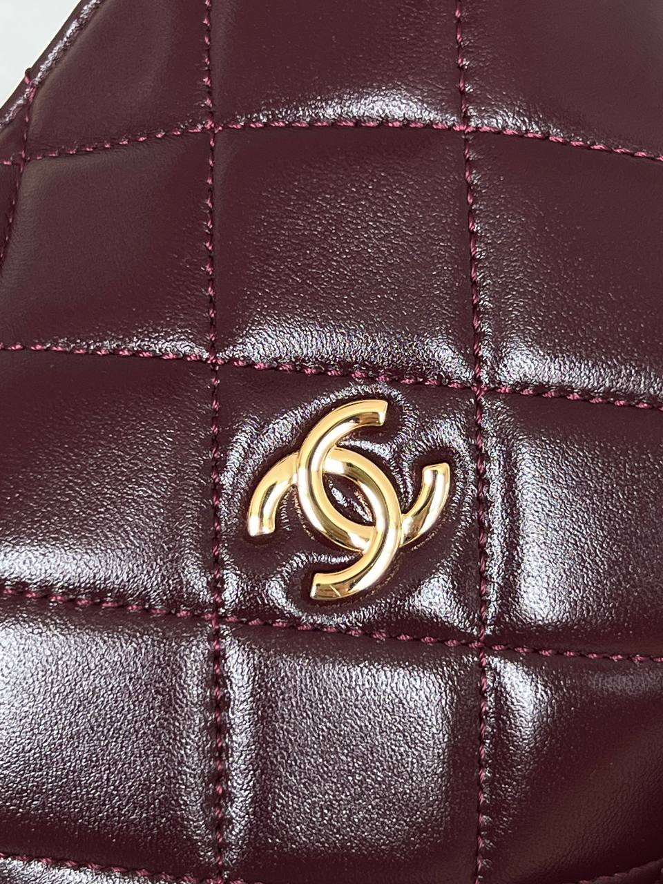 Chanel Burgundy Shiny Wax Leather Quilted Hobo Bag With Braided Chain Handle & Gold CC Logo