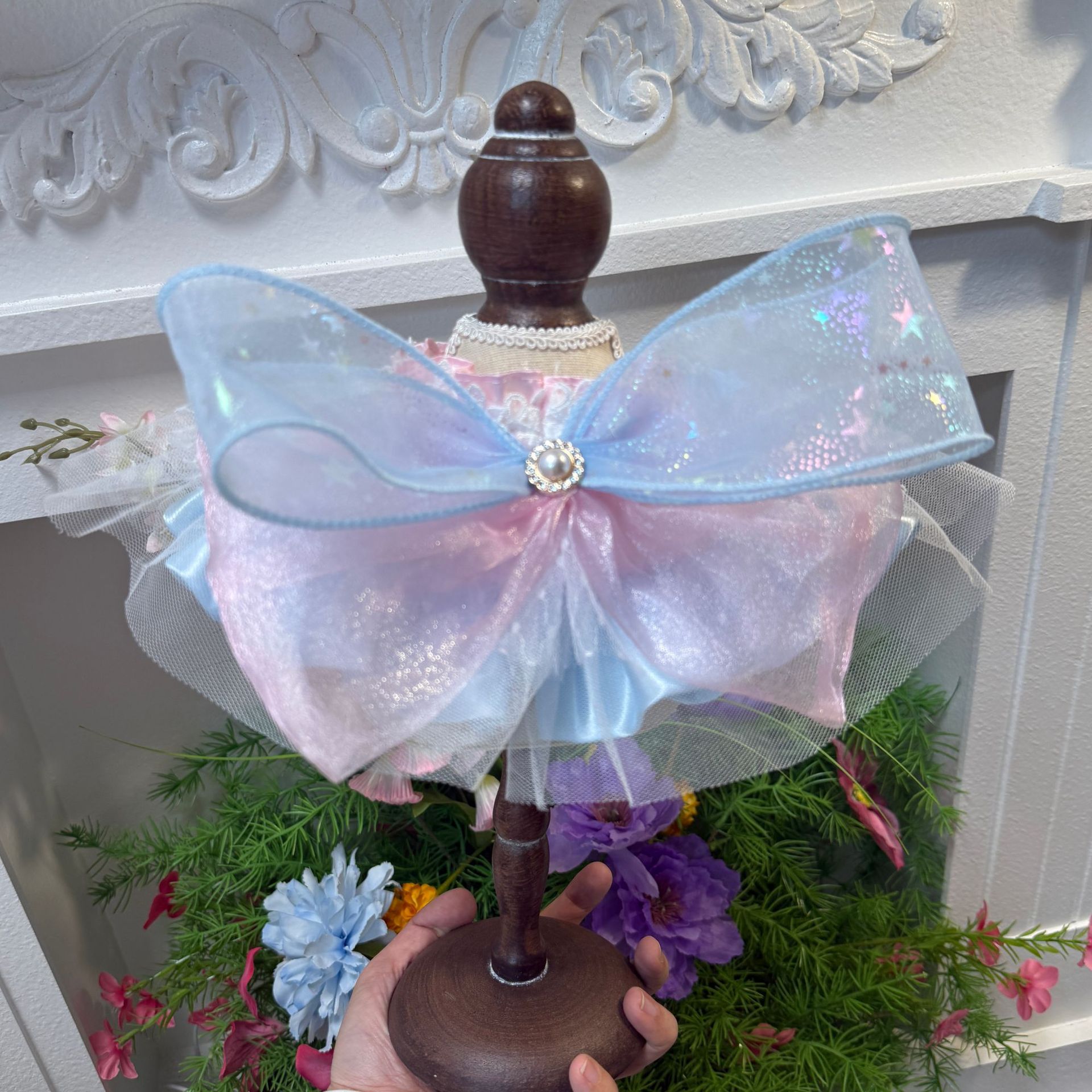 Hand-crafted Pastel Fantasy Pink Blue Lace Ruffle Pet Bib Princess Style Elastic Neck Scarf with Bow Gem Decor - MAISONKAIRON