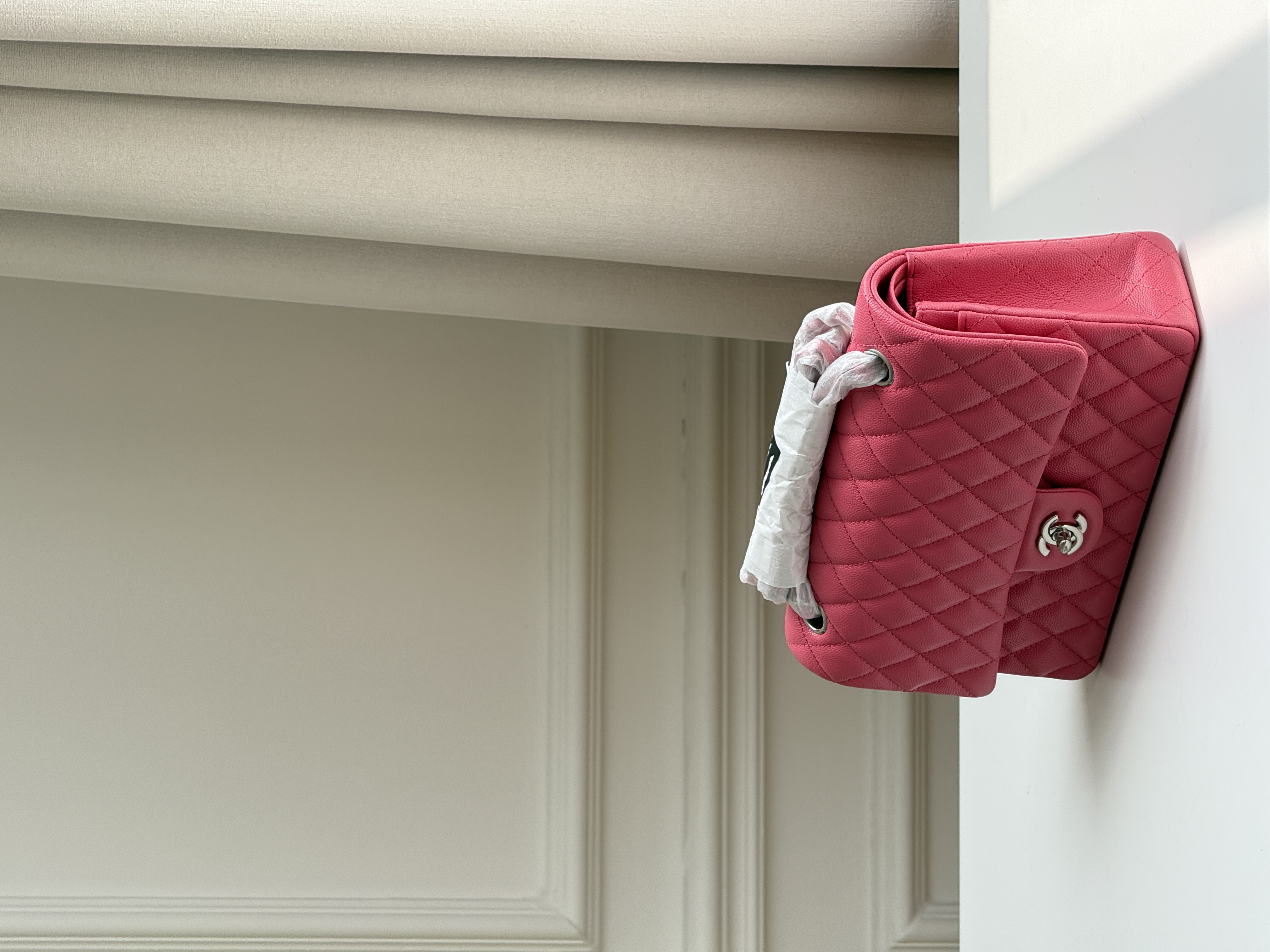 Chanel Medium Classic Flap Hot Pink Caviar Leather Diamond Quilt Silver Turn-Lock CC Chain Crossbody Bag
