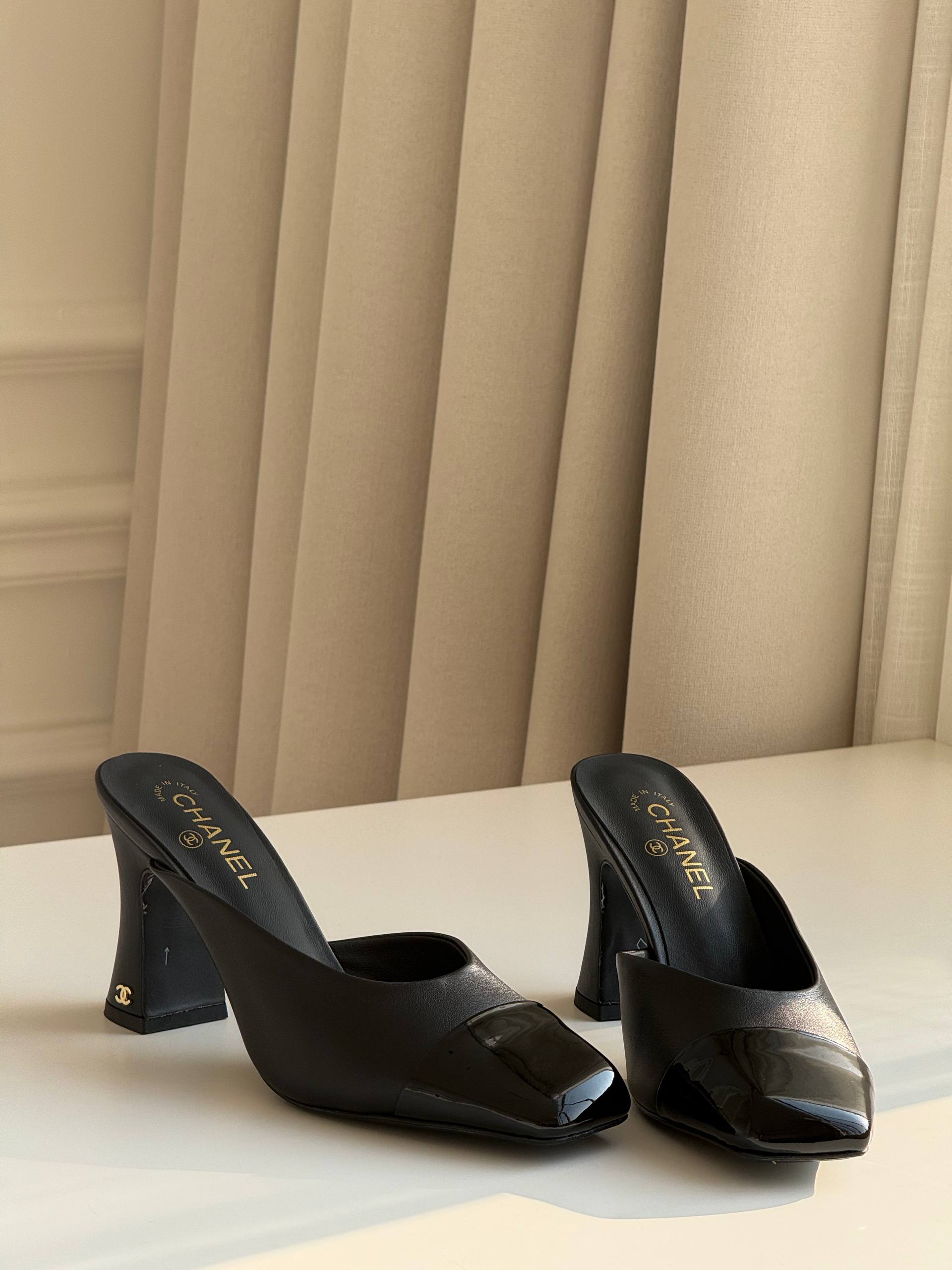Chanel Two-Tone Square-Toe Block Heel Mules