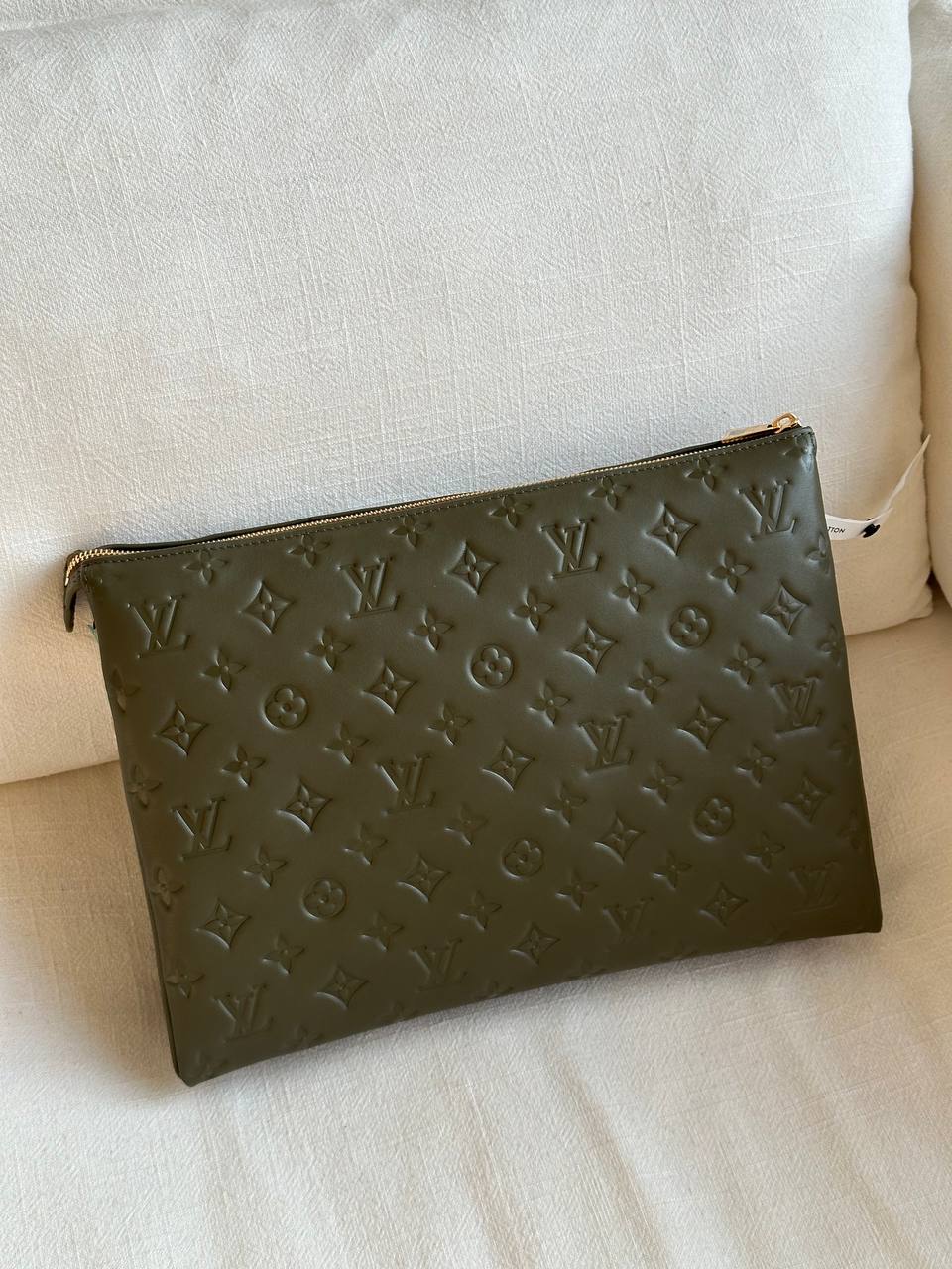 Louis Vuitton Olive Green Monogram Embossed Leather Clutch Pouch
