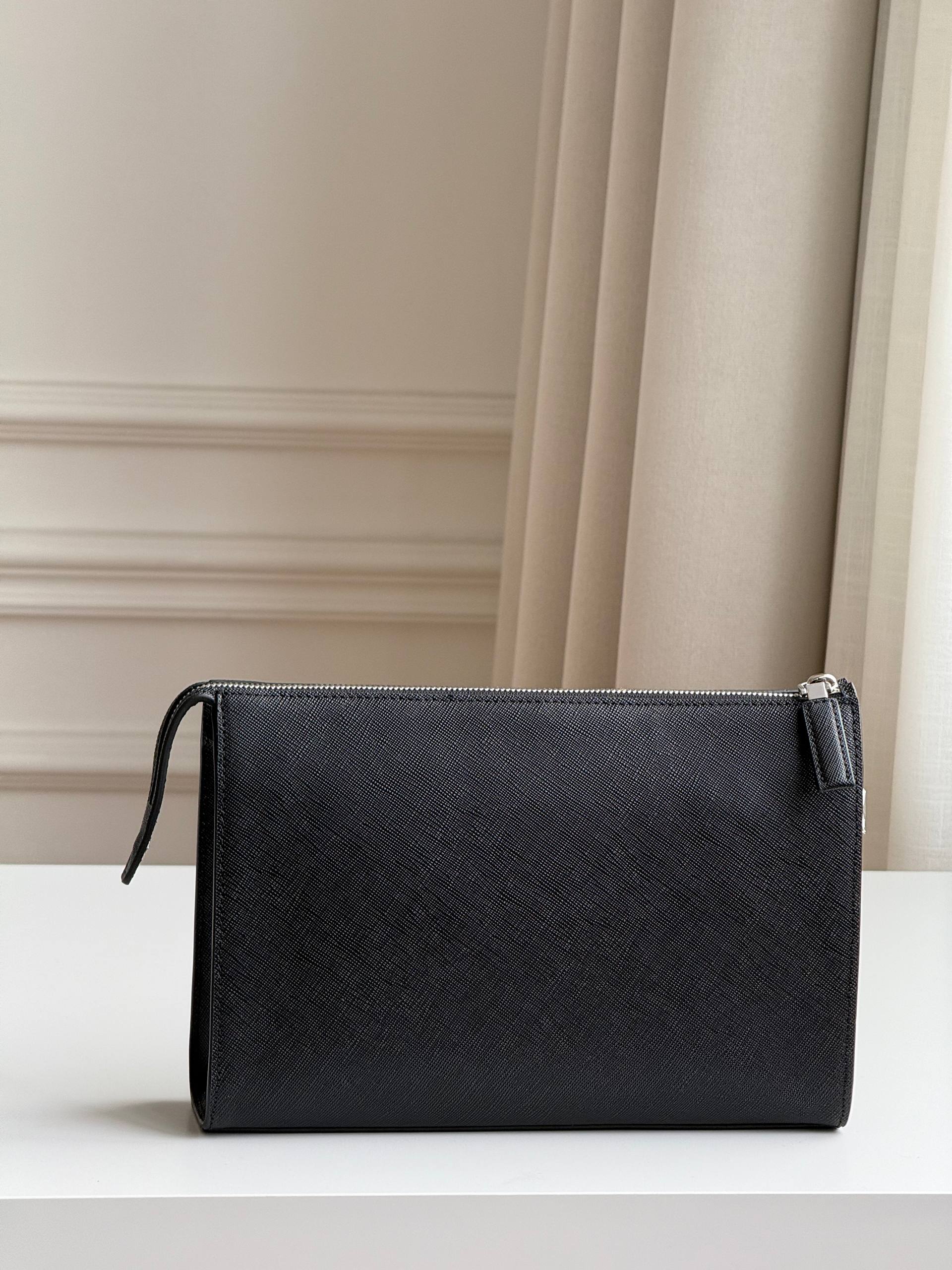 Prada Saffiano Leather Triangle Logo Zip Clutch Pouch