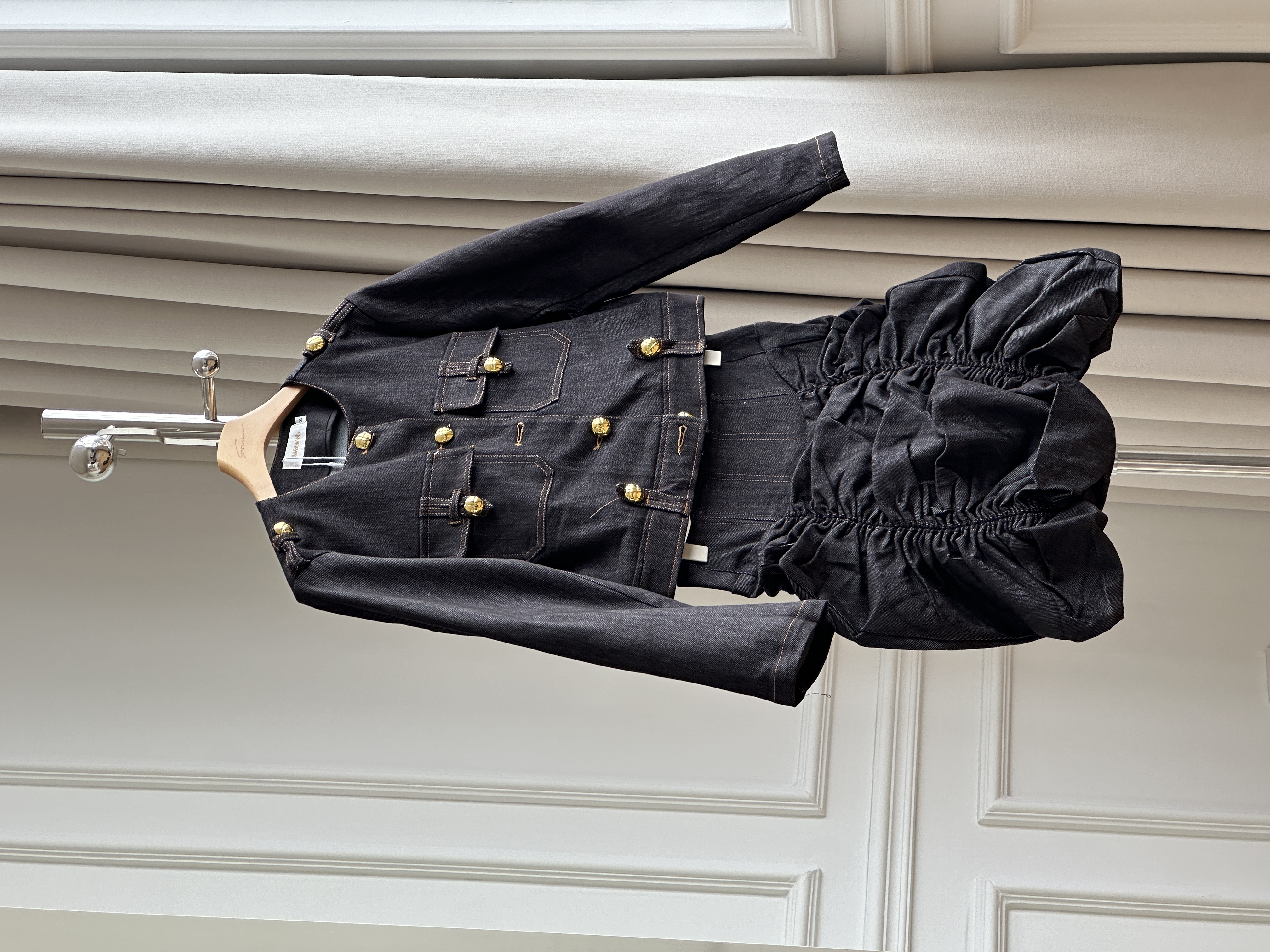 Chanel Style Round Neck Gold Button Cropped Denim Jacket & Ruched Bud Mini Skirt Two Piece Set