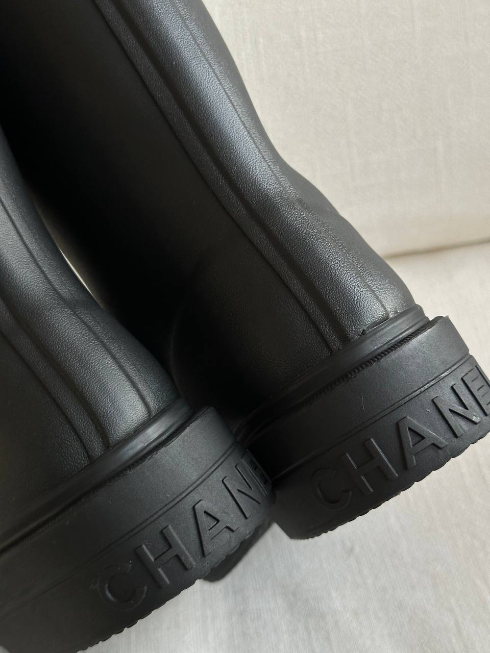 Chanel Black White CC Logo Block Heel Tall Waterproof Rain Boots