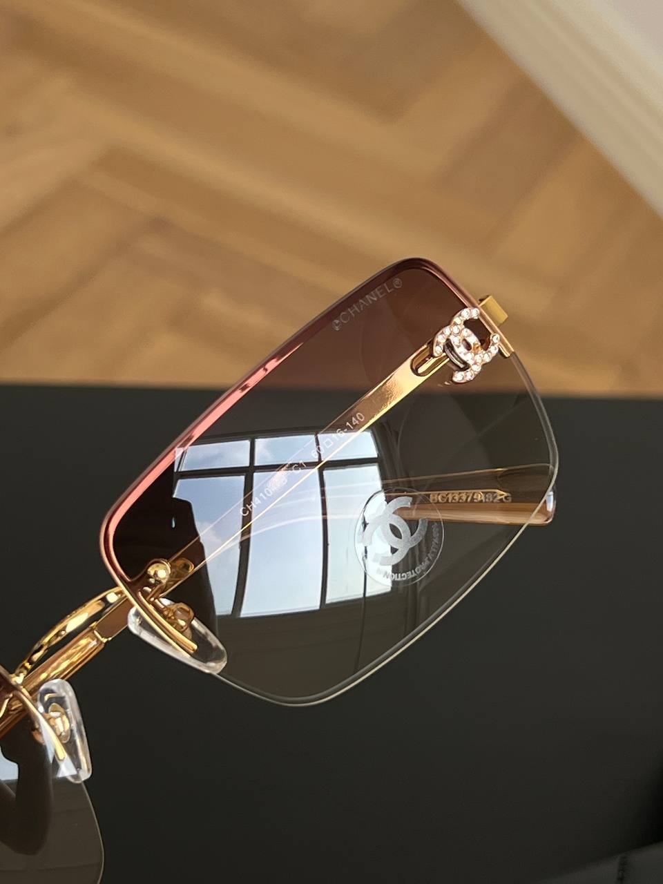Chanel Gold Rimless Square Sunglasses With Crystal Interlocking CC Logo Gradient Brown Lenses
