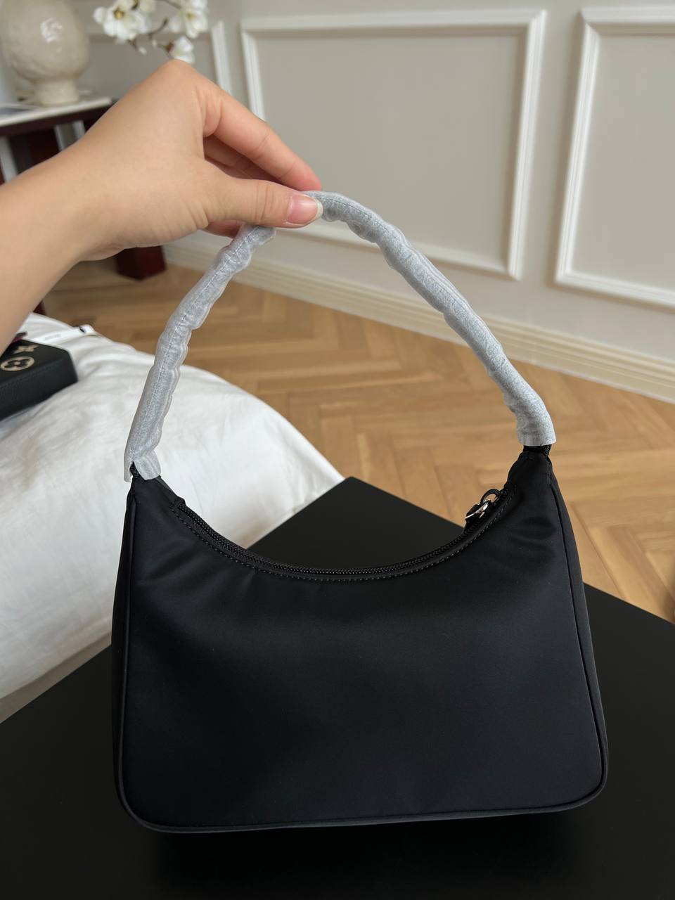 Prada Black Re-Nylon Mini Hobo Shoulder Bag With Silver Triangle Logo