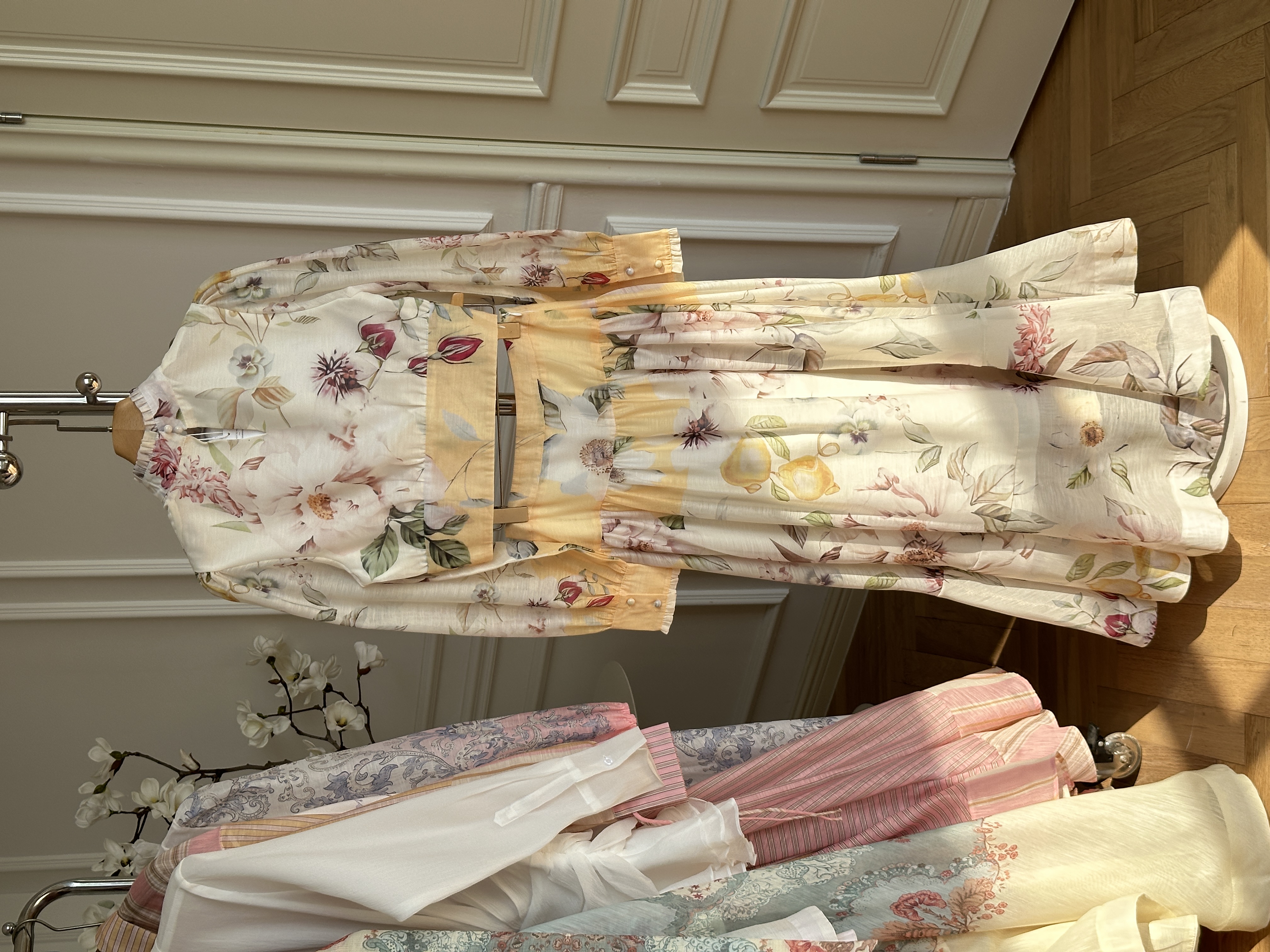 Ruffled Stand Collar Floral Cropped Top & High Waist Tiered Maxi Skirt Two-Piece Set