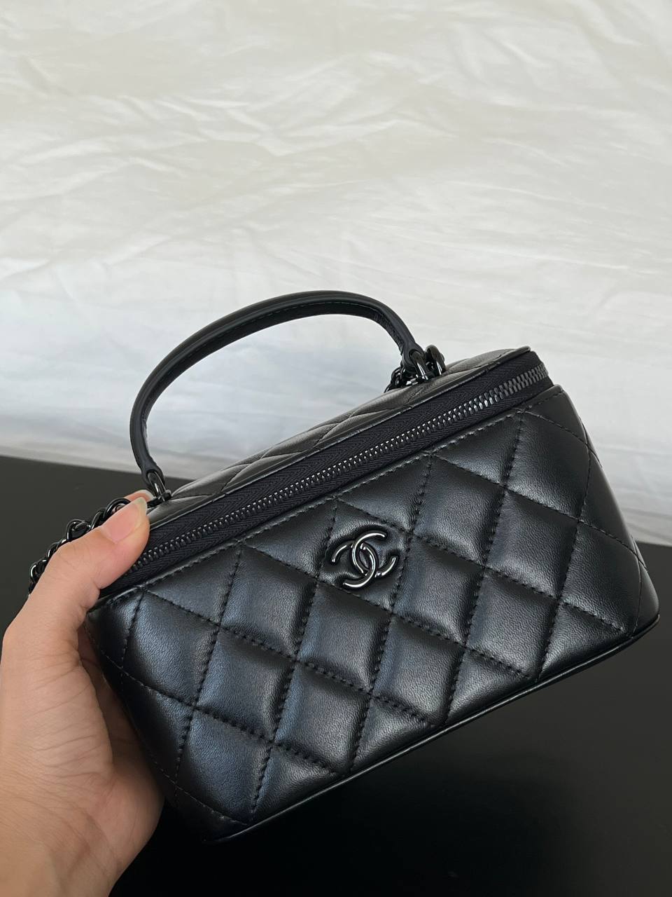 Chanel Black Quilted Lambskin Mini Vanity Top Handle Bag