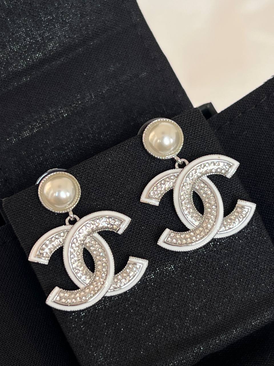 CHANEL Pearl Drop White Enamel Crystal Interlocking CC Earrings