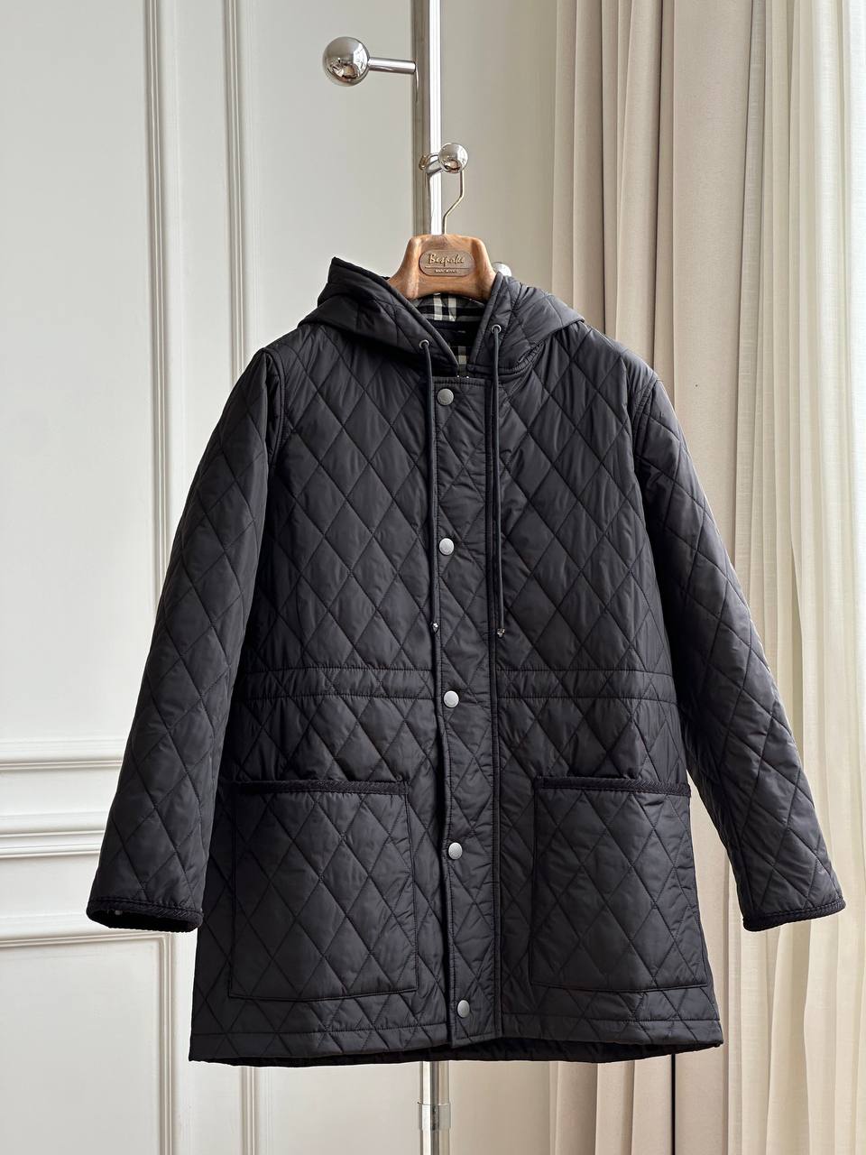 Black Diamond Quilted Hooded Drawstring Mid-Length Lightweight Padded Coat