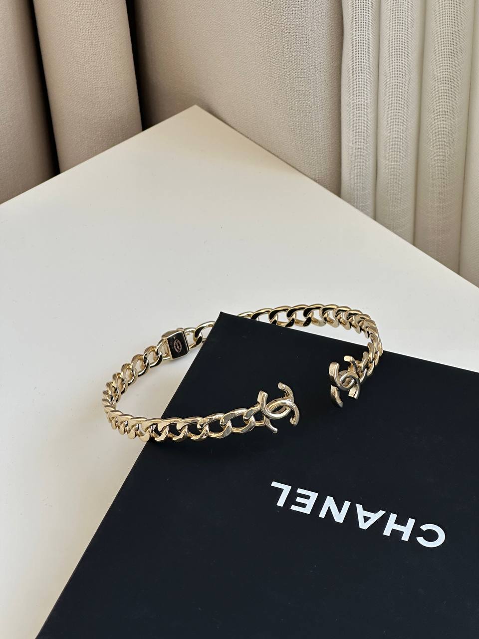 Chanel Light Gold Cuban Chain Open Cuff Bracelet With Interlocking CC Logo