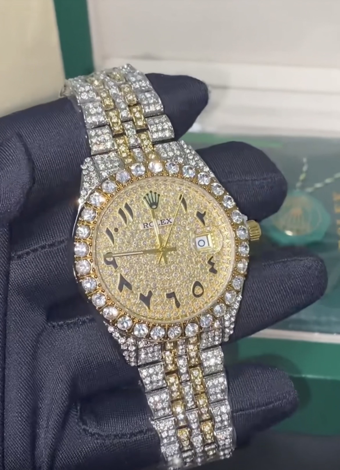 Rolex Quartz Men Watch Iced Out Bust Down Two Tone Full Diamond Arabic Numerals Date Wrist Watch