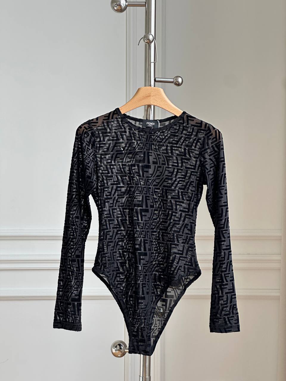 Fendi FF Logo Flocked Mesh Long-Sleeve Bodysuit