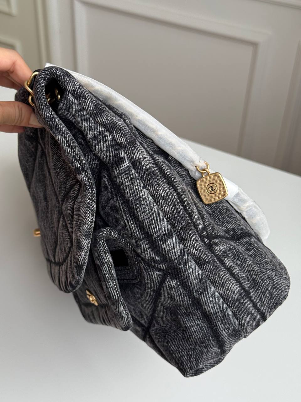 CHANEL Washed Black Denim Quilted Large Flap Bag with Gold-Tone Hardware