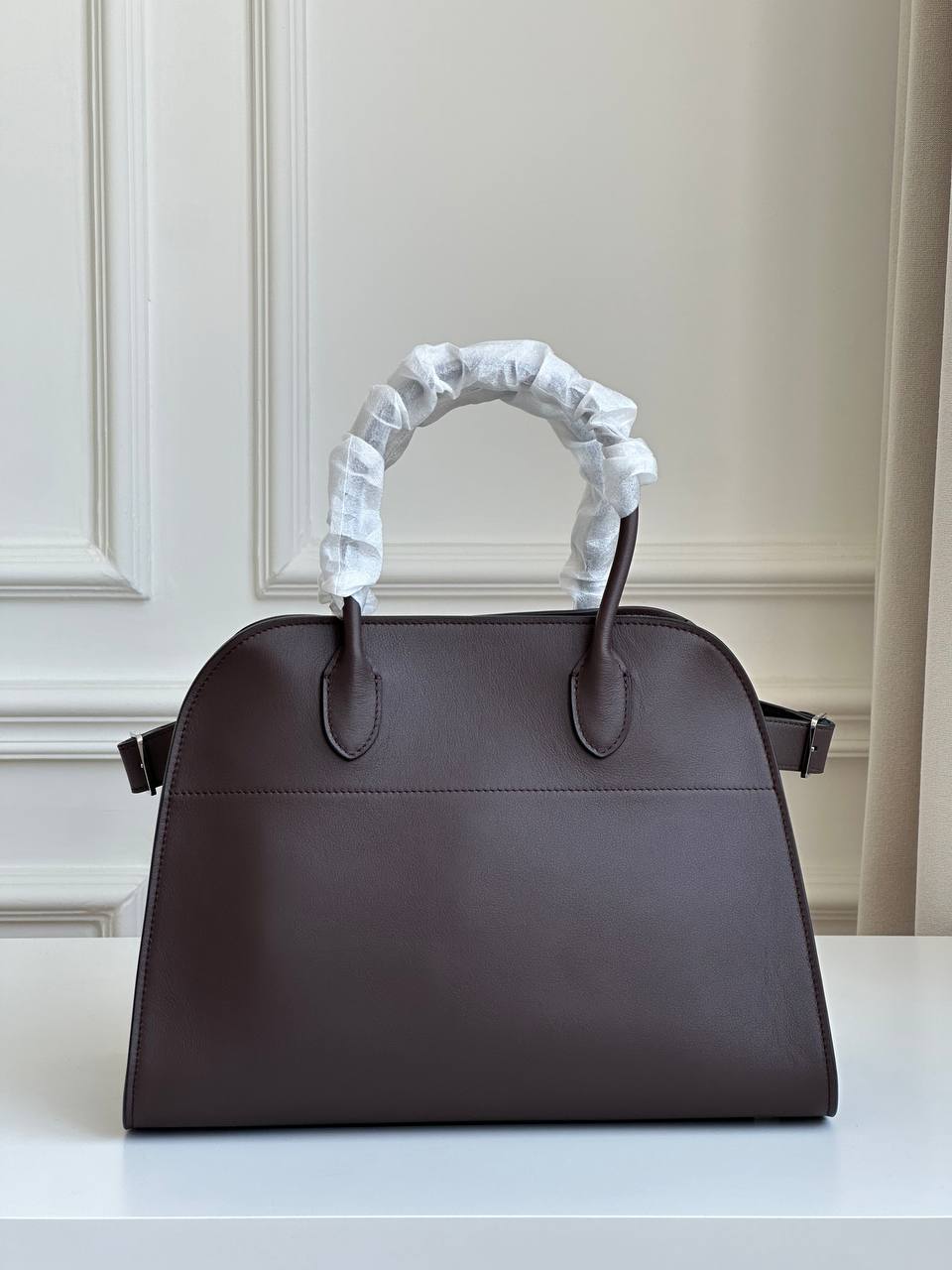 Dark Brown Smooth Calfskin Minimalist Double Handle Tote Handbag With Detachable Wide Shoulder Strap