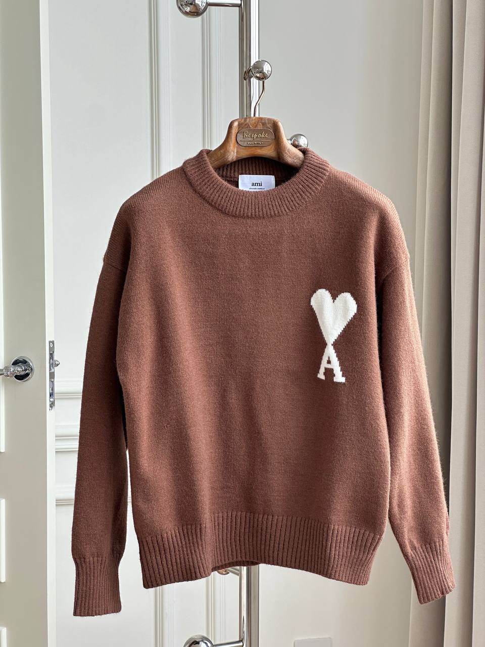 AMI Caramel Brown Crew Neck White Big Heart A Logo Oversized Wool Sweater