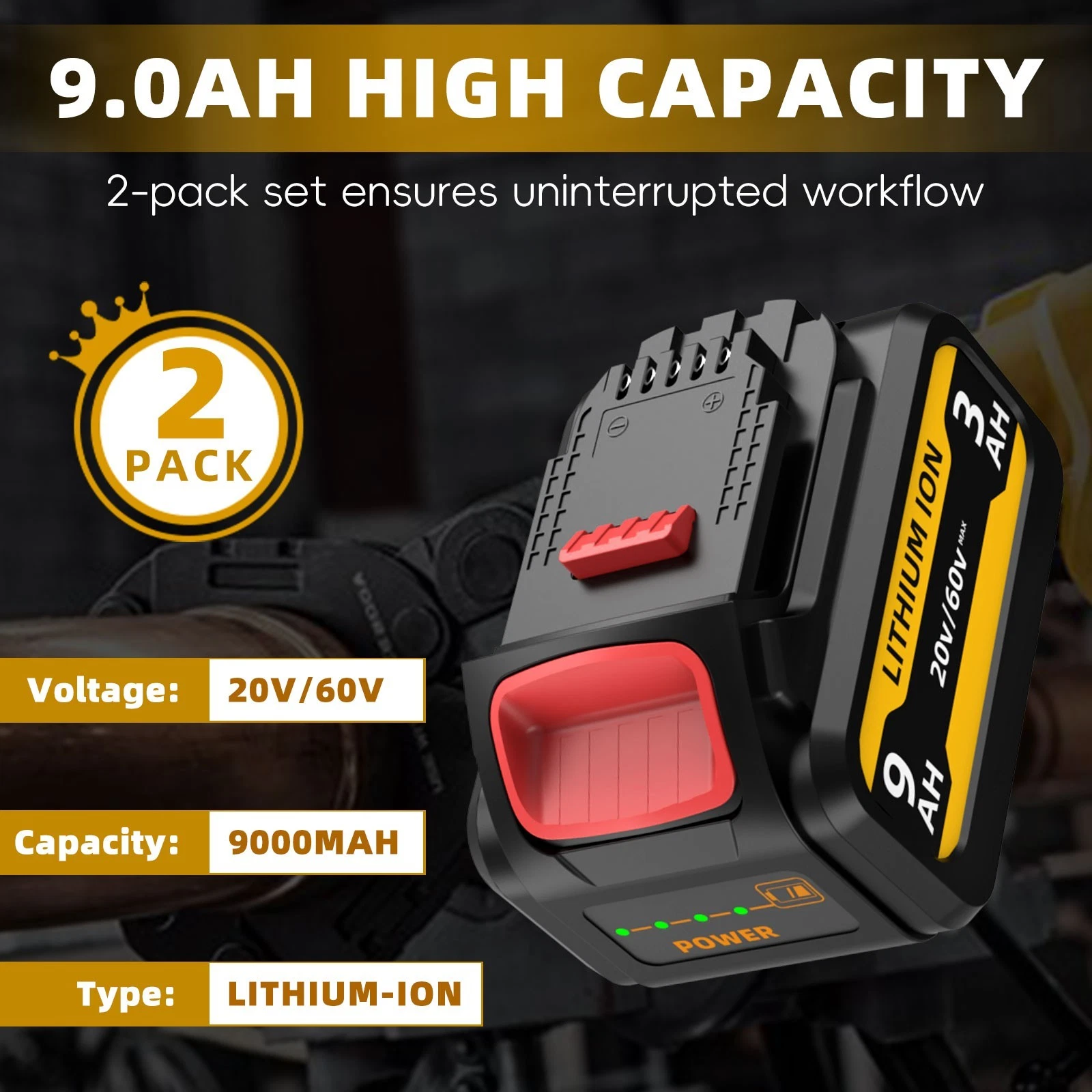 2-piece set of 9.0Ah suitable for DEWALT 20V/60V FLEX VOLT lithium-ion battery DCB609 DCB612 US