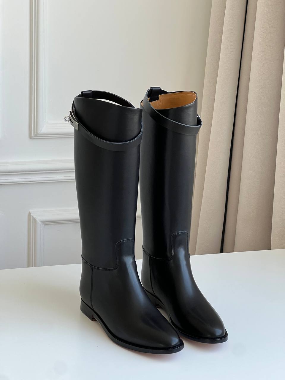 Black Smooth Leather Buckle Strap Low Heel Straight Knee-High Riding Boots