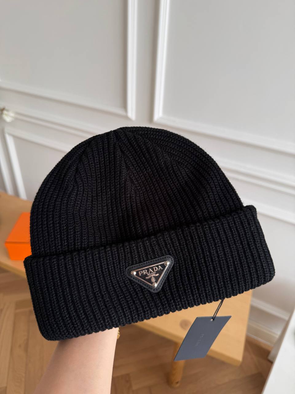 PRADA Triangle Logo Wool Knit Beanie
