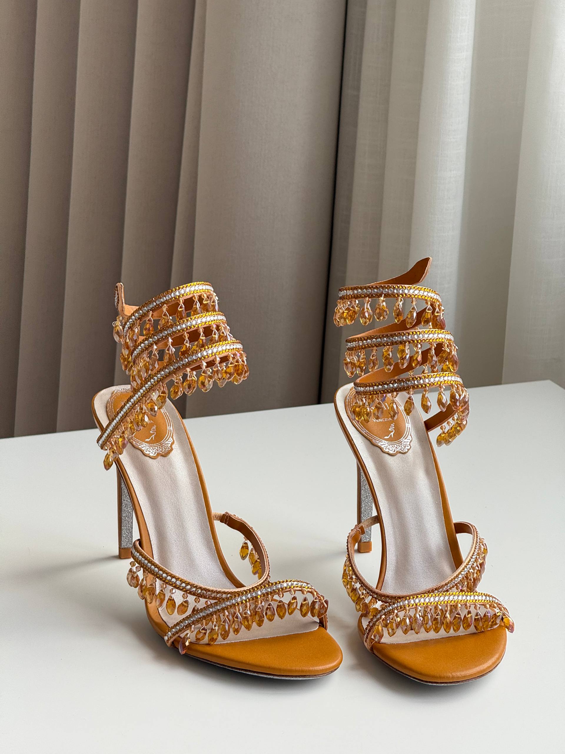 Rene Caovilla Champagne Crystal Ankle Wrap Fringe High Heel Sandals