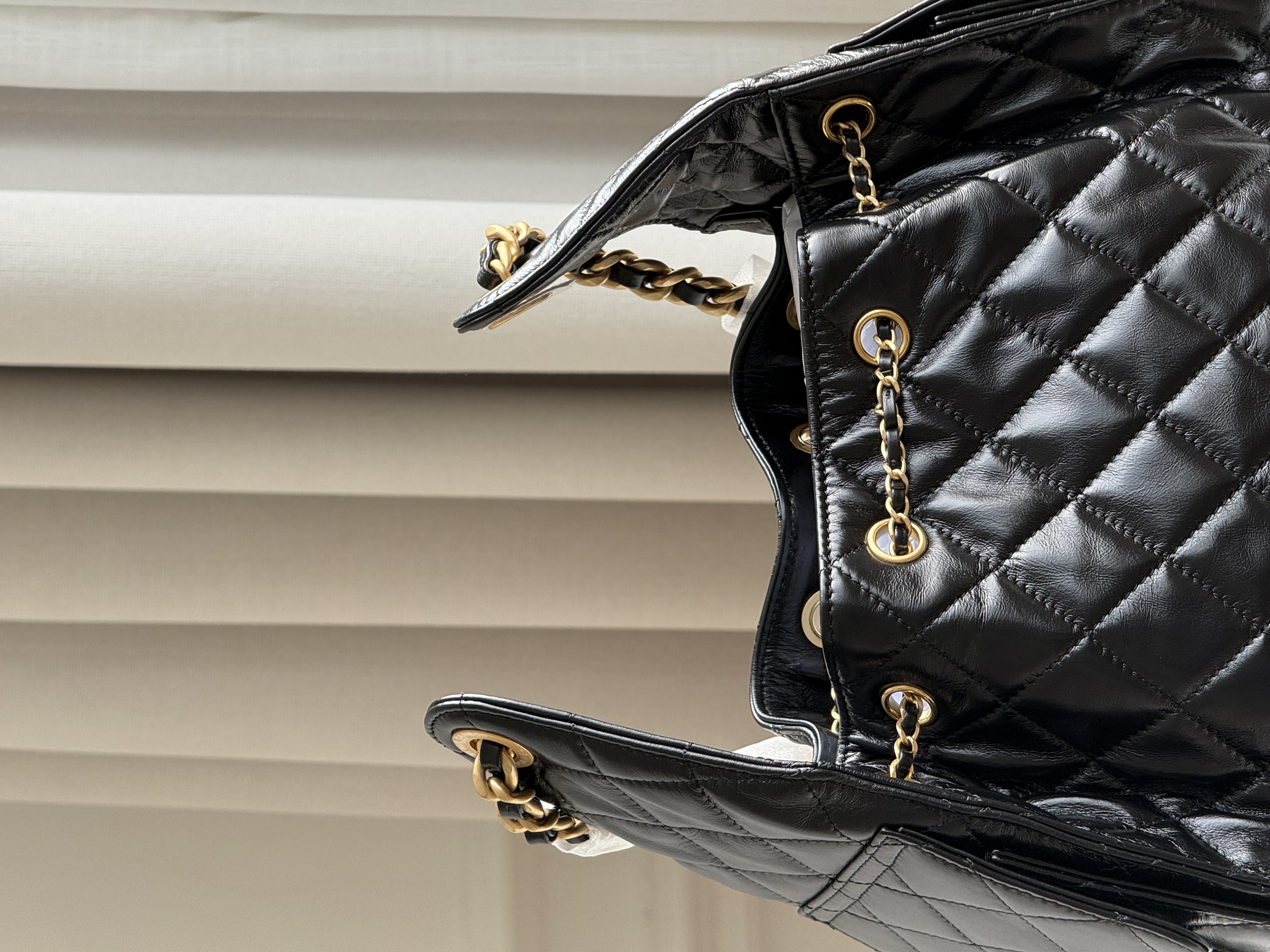 Chanel 25C Black Gold Waxed Leather Drawstring Hobo Bag