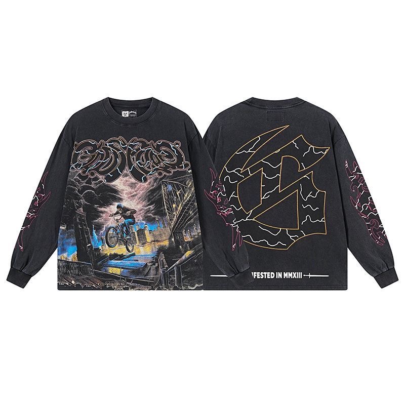 Godspeed Street Retro Skull Print Vintage Base Long Sleeve T-shirt Spring and Autumn