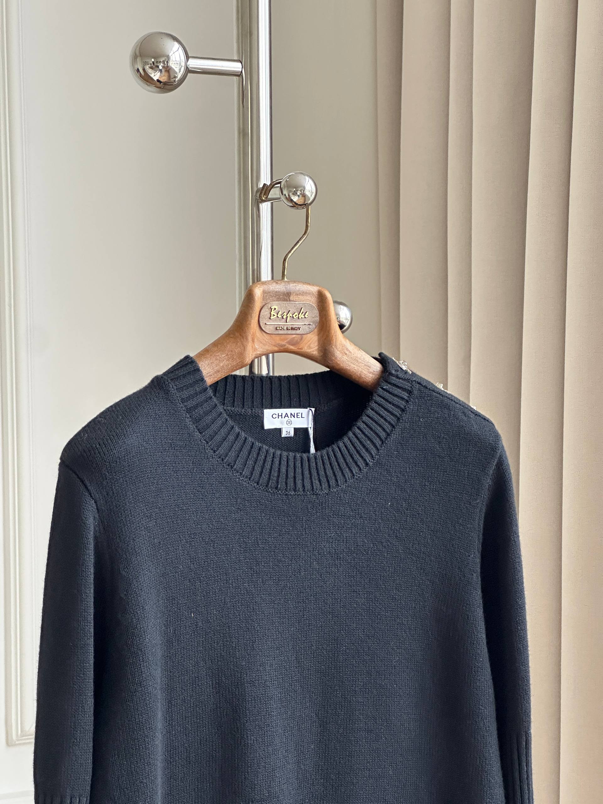 Chanel Black Crew Neck Shoulder Button Wool Knit Sweater